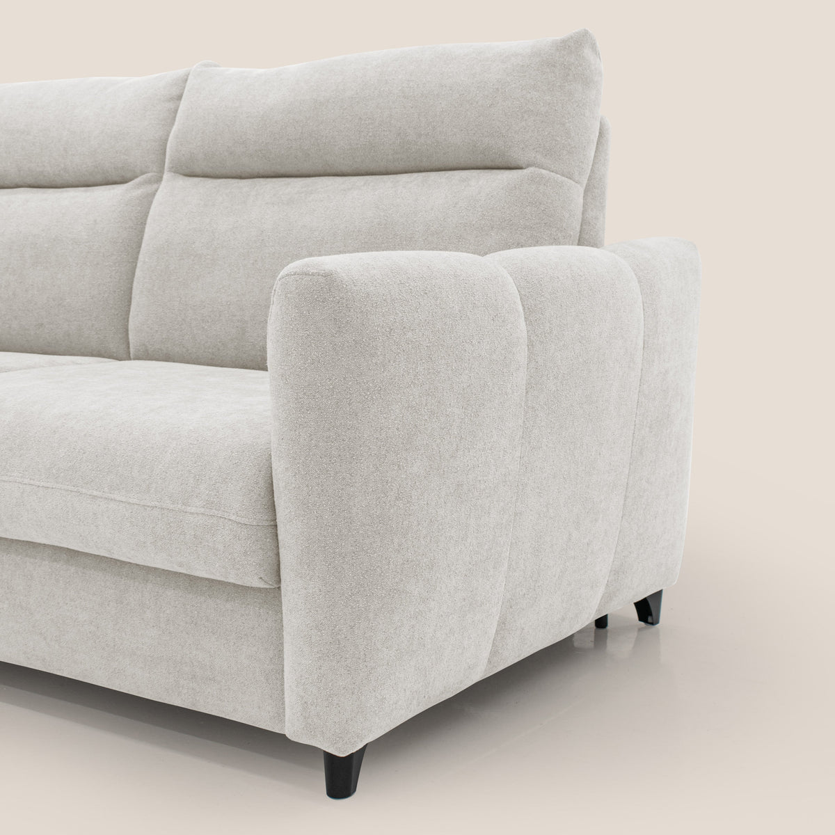 Peonia divano letto scandinavo con materasso H18 cm e morbido e alto schienale in tessuto Bouclé impermeabile T07 bianco - divitt.sbs