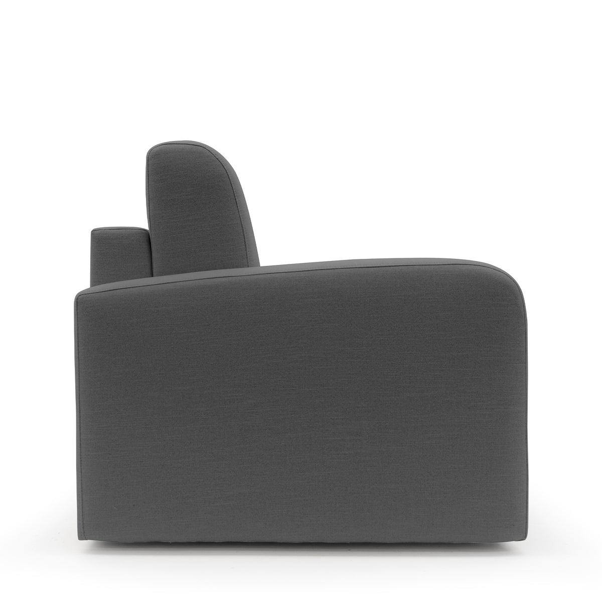 Vista laterale del divano letto matrimoniale Lebron di divitt.sbs, largo 176 cm e rivestito in tessuto ecosostenibile color antracite. Questo moderno divano letto di produzione italiana presenta bordi arrotondati e un design lineare e minimalista, con seduta e schienale ben imbottiti. Raffigurato su uno sfondo bianco a tinta unita, il divano letto mette in risalto la sua forma slanciata e lo stile contemporaneo.