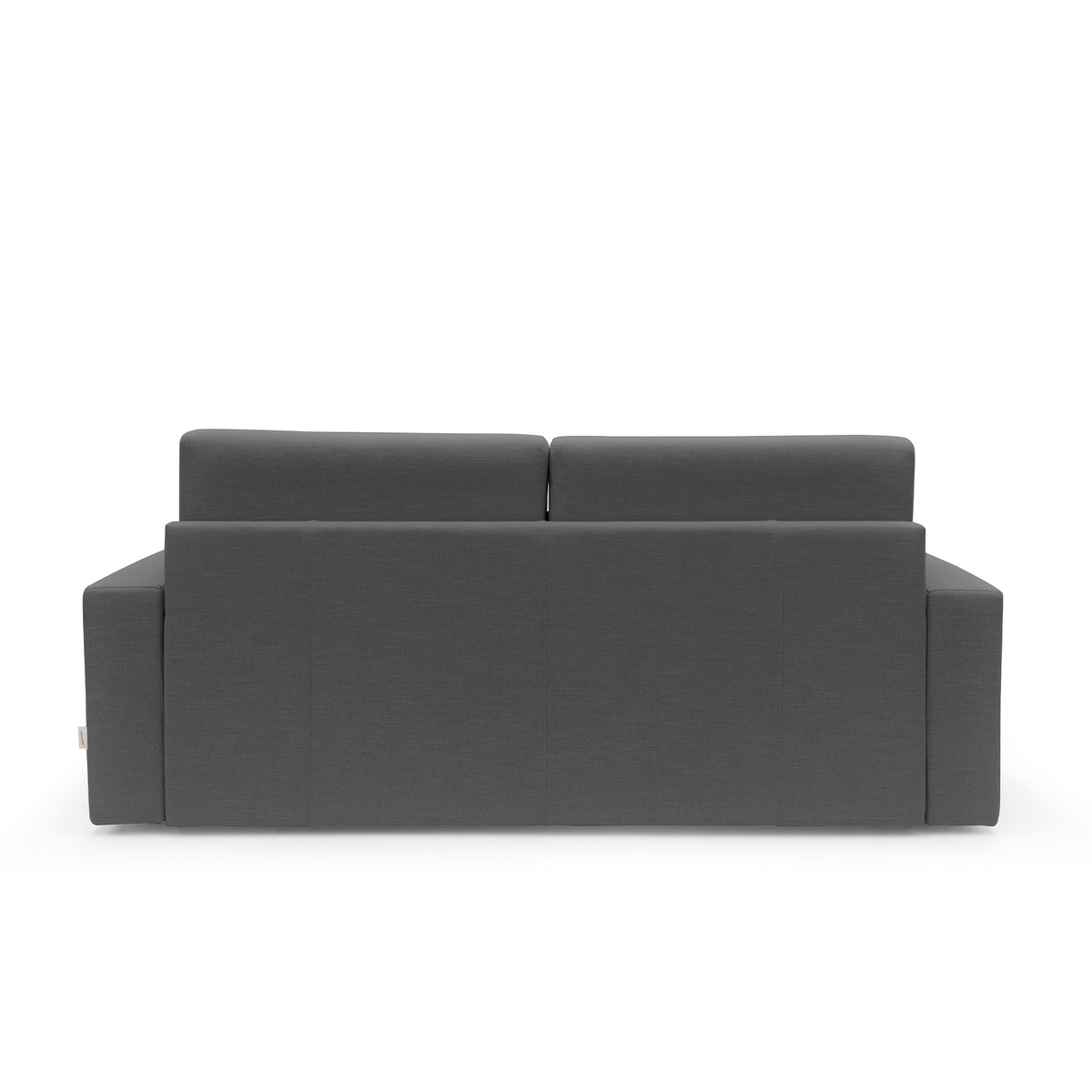 Il divano letto matrimoniale Lebron di divitt.sbs è un divano moderno di produzione italiana, rivestito in tessuto antracite ecologico. Riportato nella foto di retro su sfondo bianco, presenta linee pulite e rettangolari con due cuscini dello schienale e braccioli piatti. Il design è elegante, con un rivestimento liscio, e non presenta gambe a vista né dettagli decorativi.