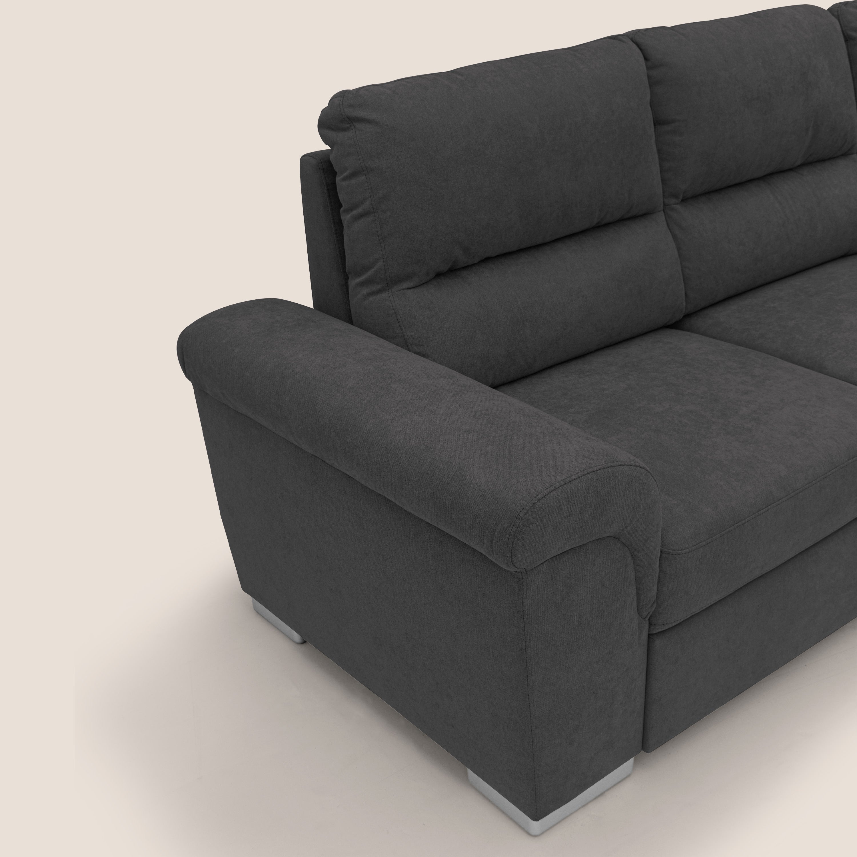 Minerva divano angolare con estraibile a cassettone e pouf contenitore in tessuto morbido impermeabile T02 nero - divitt.sbs