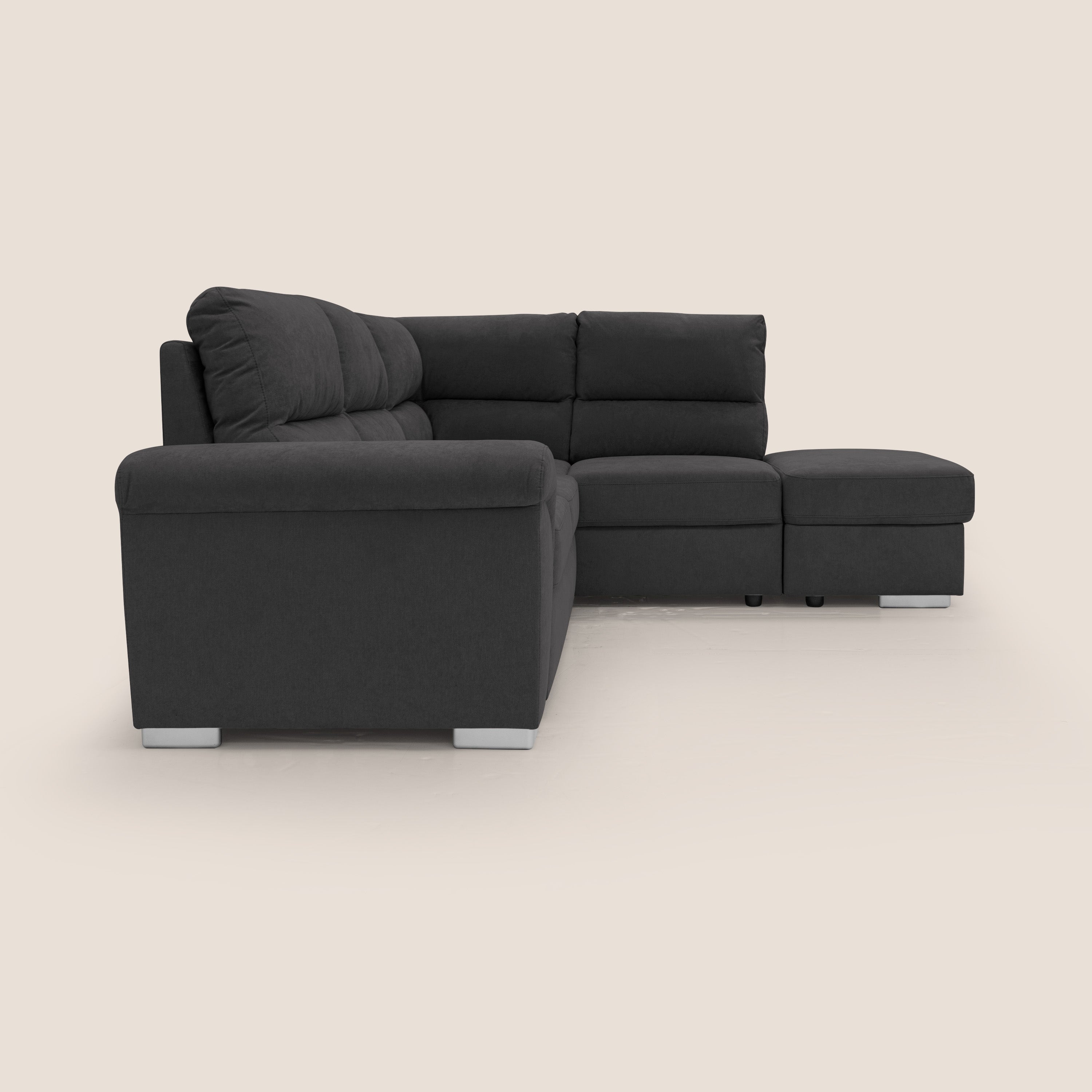 Minerva divano angolare con estraibile a cassettone e pouf contenitore in tessuto morbido impermeabile T02 nero - divitt.sbs