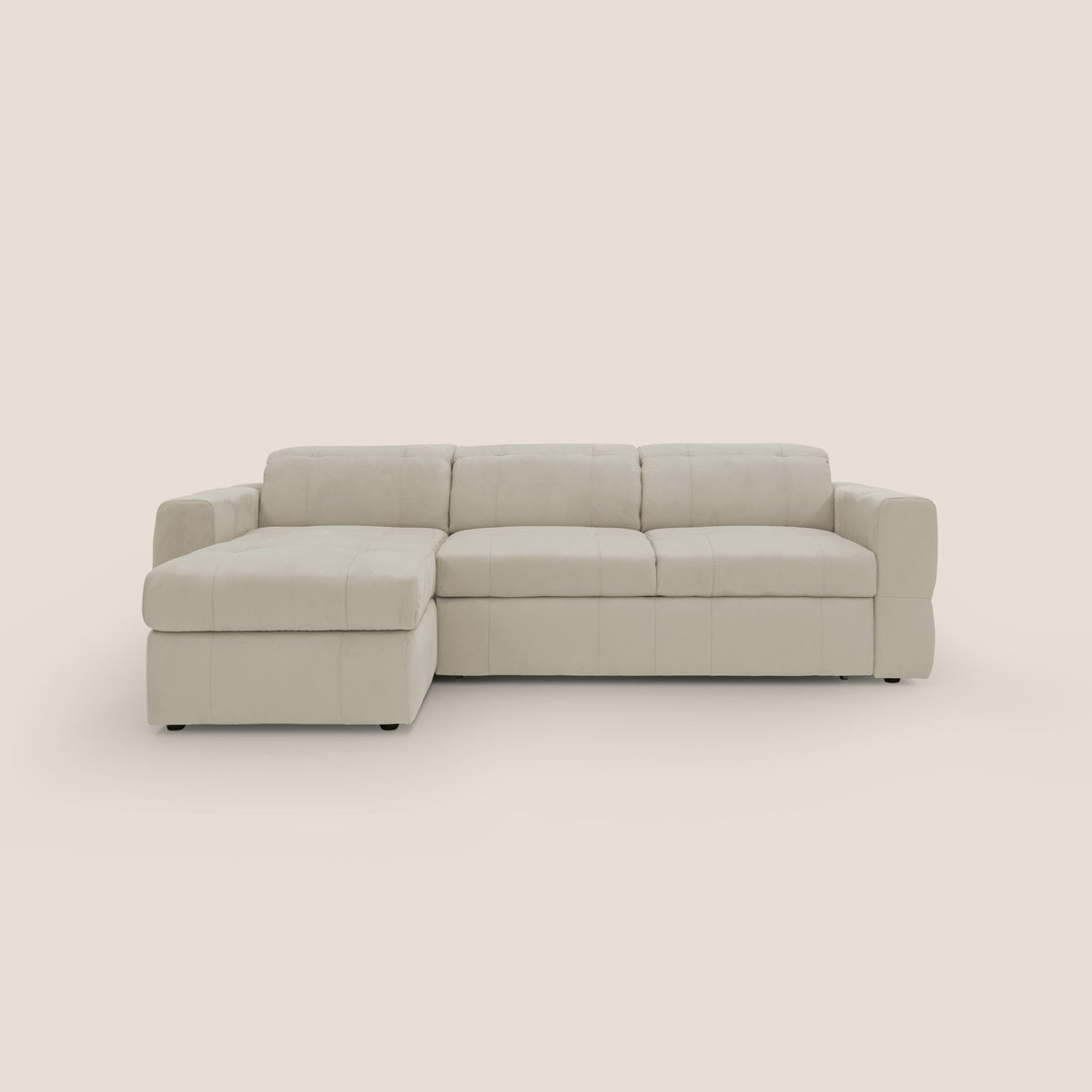 Kronos Divano angolare con pouf estraibile e penisola contenitore in microfibra impermeabile T11 panna - divitt.sbs