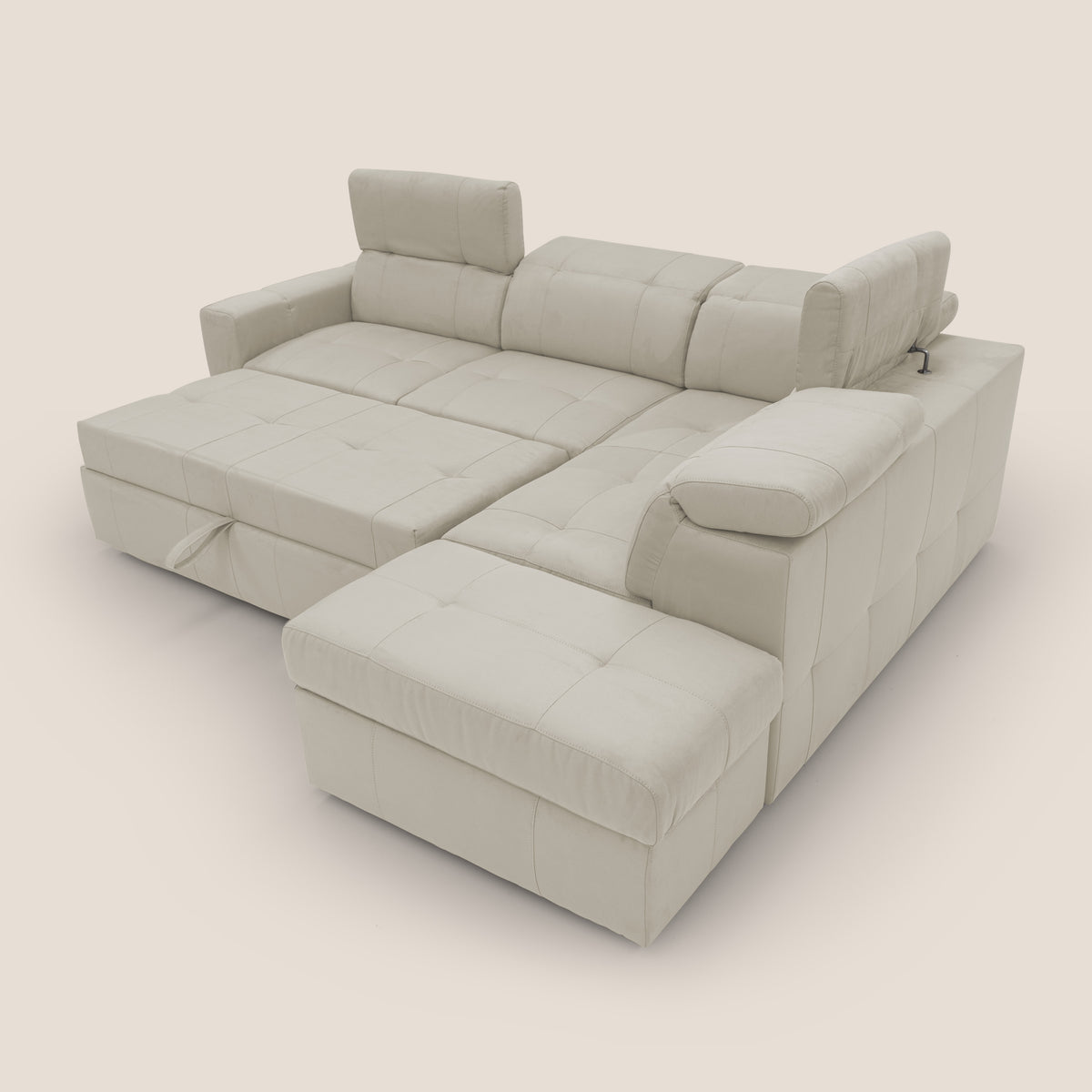 Kronos Divano angolare con poggiapiedi estraibile e pouf contenitore mobile in microfibra impermeabile T11 panna - divitt.sbs