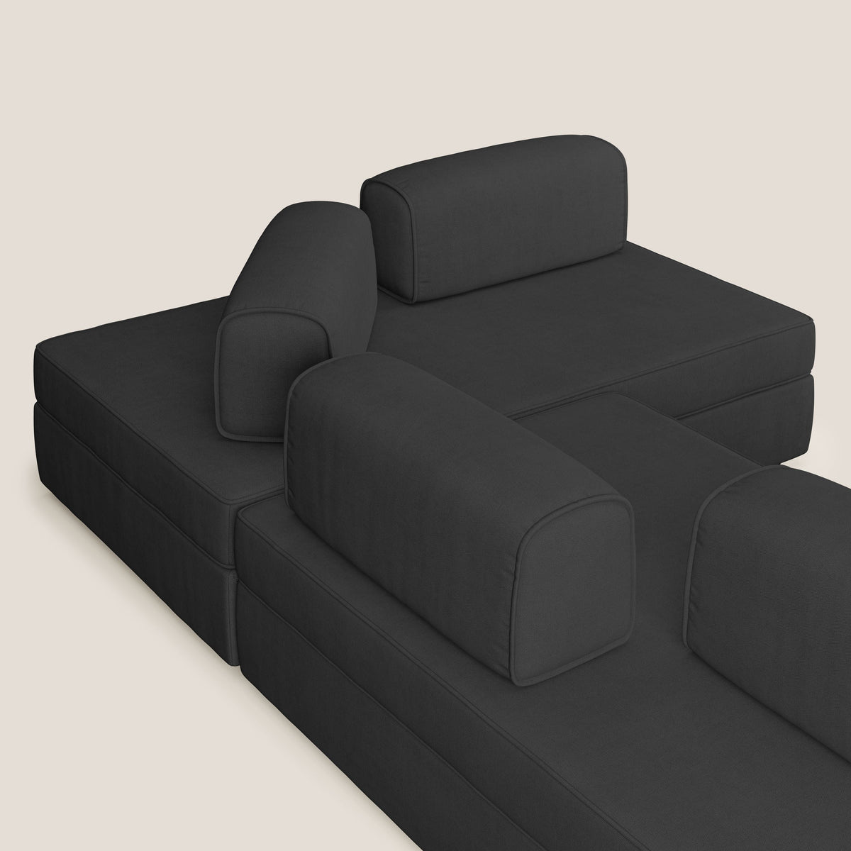 Liberty divano angolare con pouf estraibile e schienali movibili in tessuto morbido impermeabile T02 nero - divitt.sbs