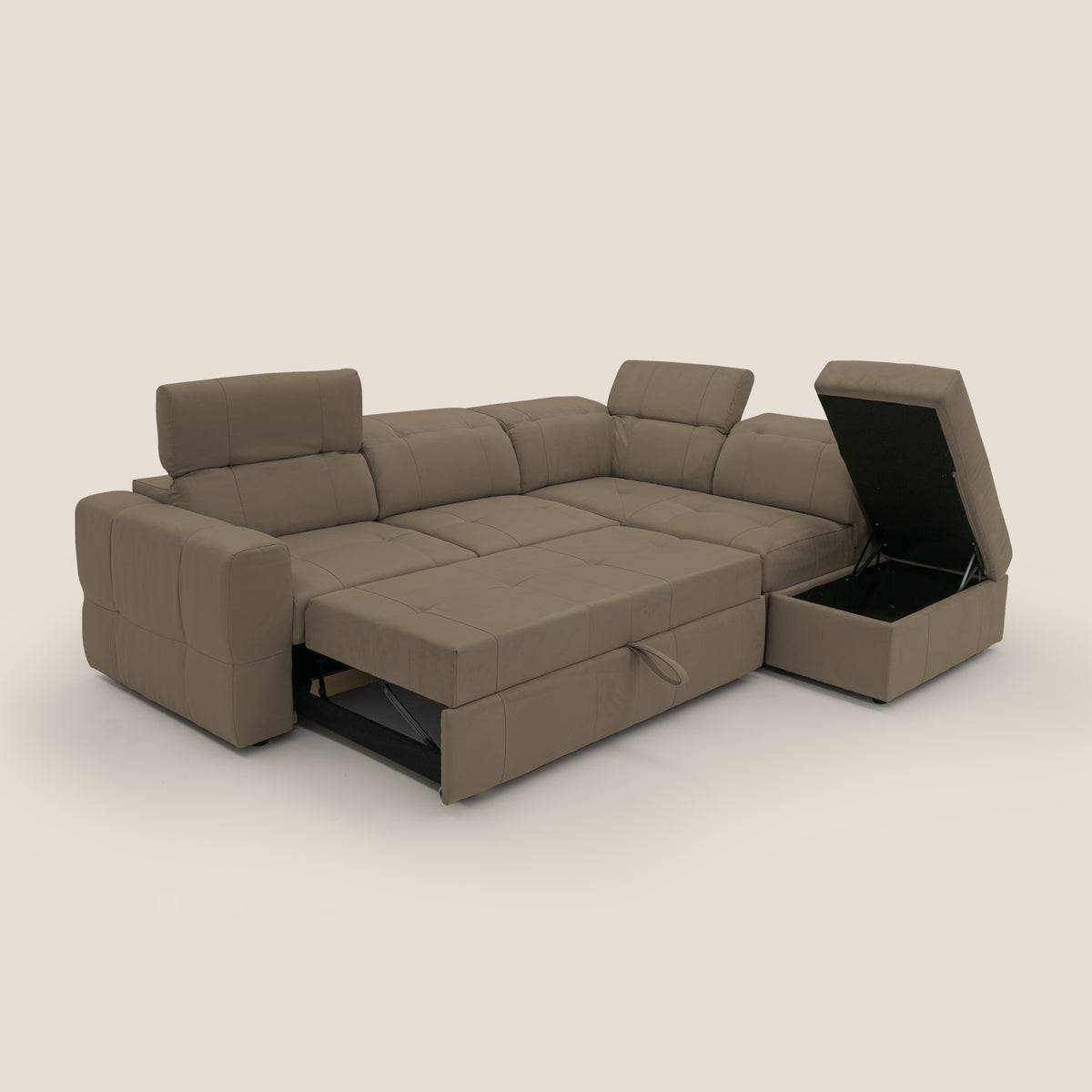 Kronos Divano angolare con poggiapiedi estraibile e pouf contenitore mobile in microfibra impermeabile T11 marrone - divitt.sbs