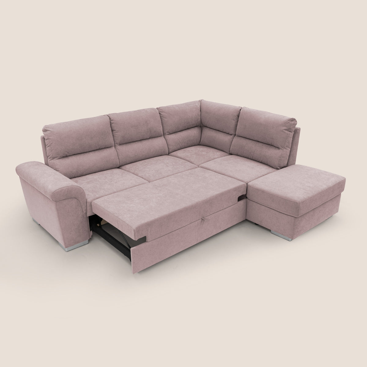 Minerva divano angolare con estraibile a cassettone e pouf contenitore in tessuto morbido impermeabile T02 rosa - divitt.sbs
