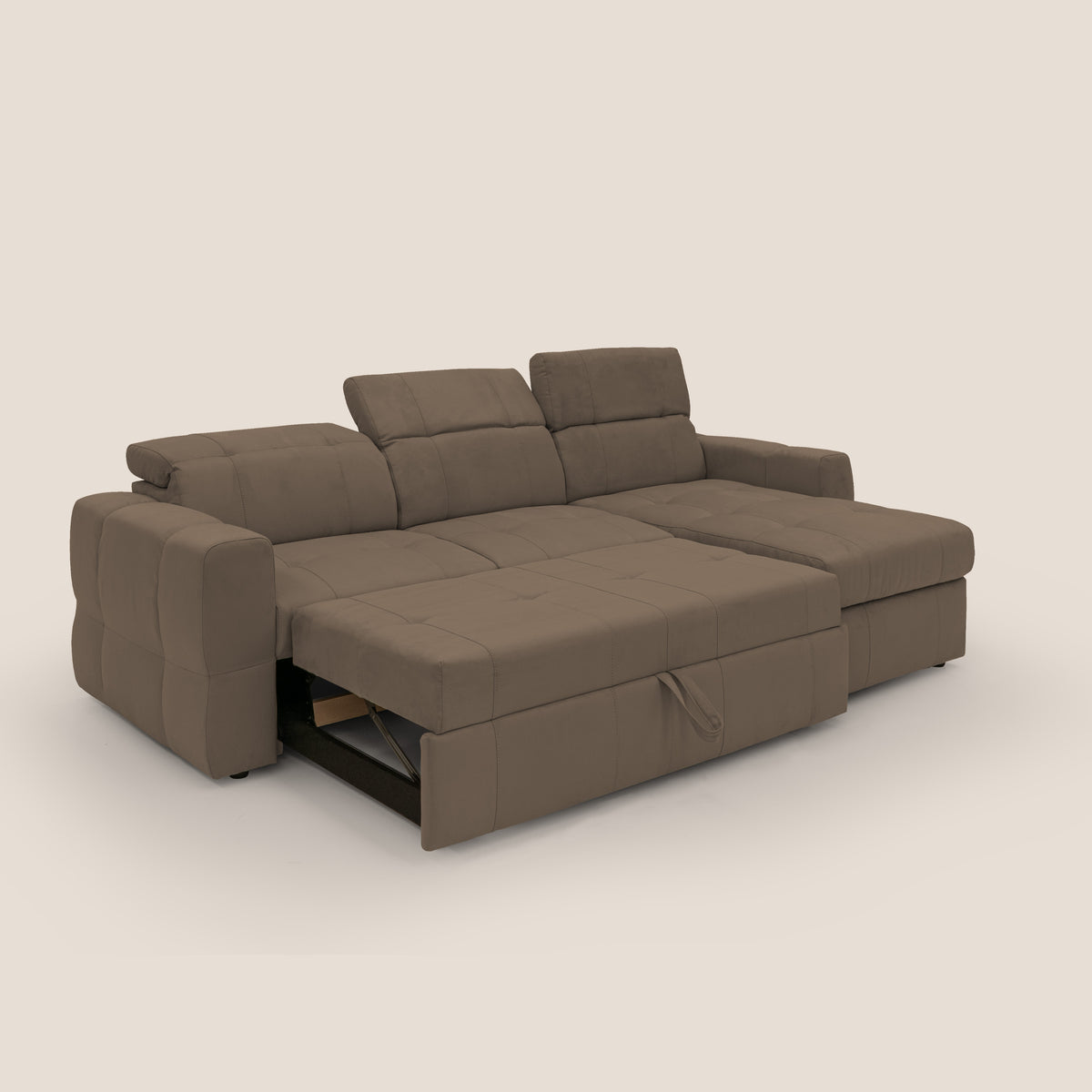 Kronos Divano angolare con pouf estraibile e penisola contenitore in microfibra impermeabile T11 marrone - divitt.sbs