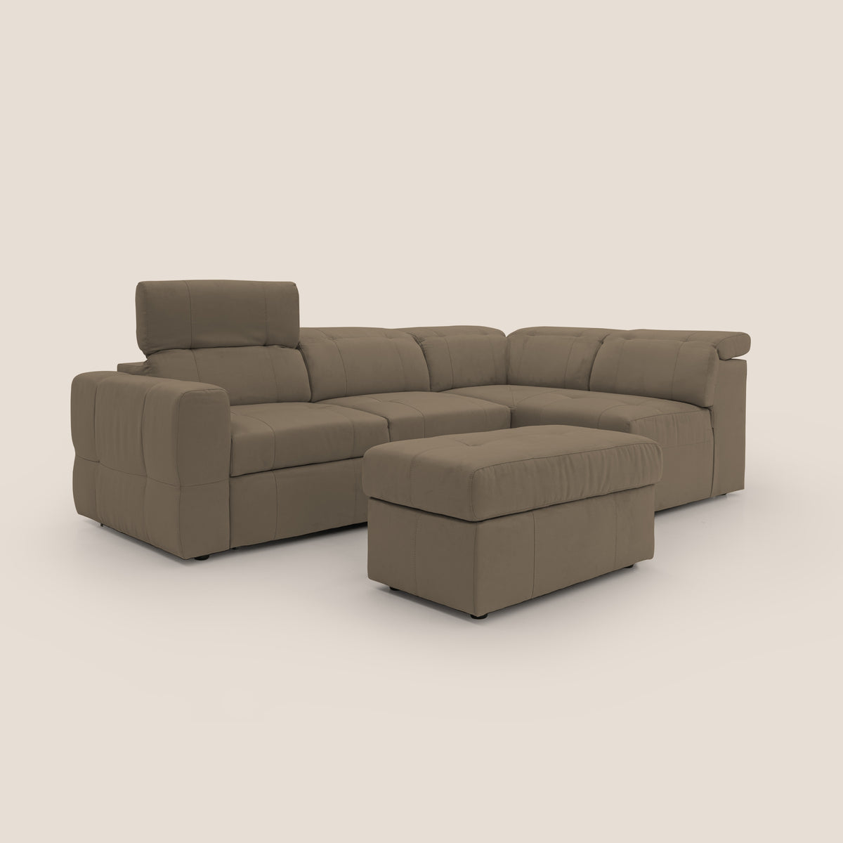 Kronos Divano angolare con poggiapiedi estraibile e pouf contenitore mobile in microfibra impermeabile T11 marrone - divitt.sbs