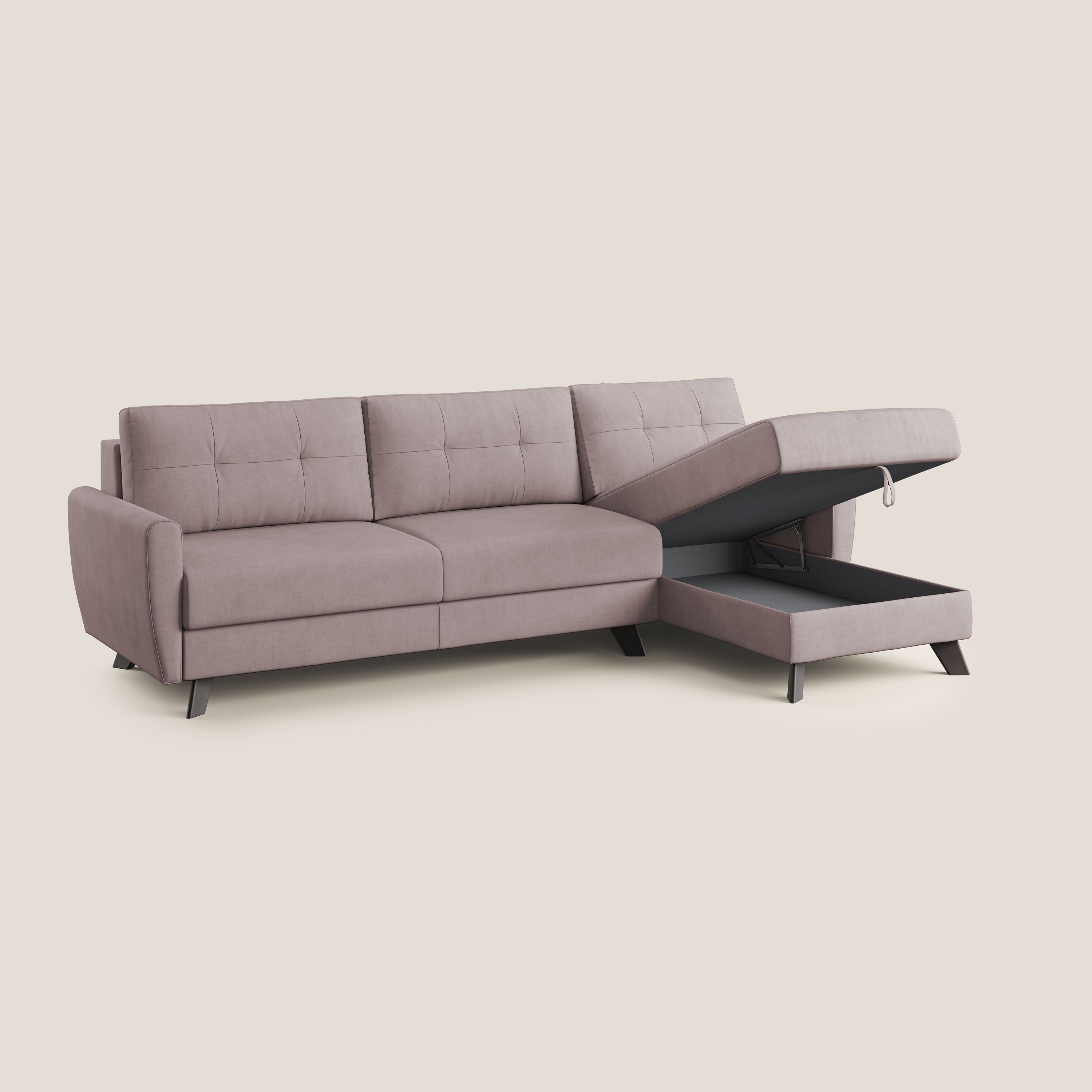Callisto Divano letto angolare con penisola in tessuto morbido impermeabile T02 rosa - divitt.sbs