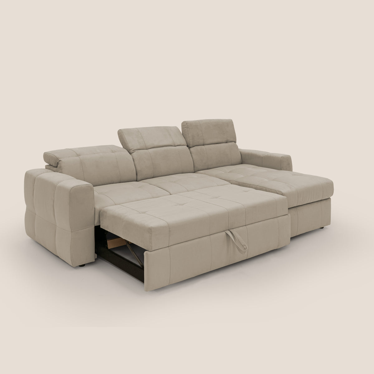Kronos Divano angolare con pouf estraibile e penisola contenitore in microfibra impermeabile T11 tortora - divitt.sbs