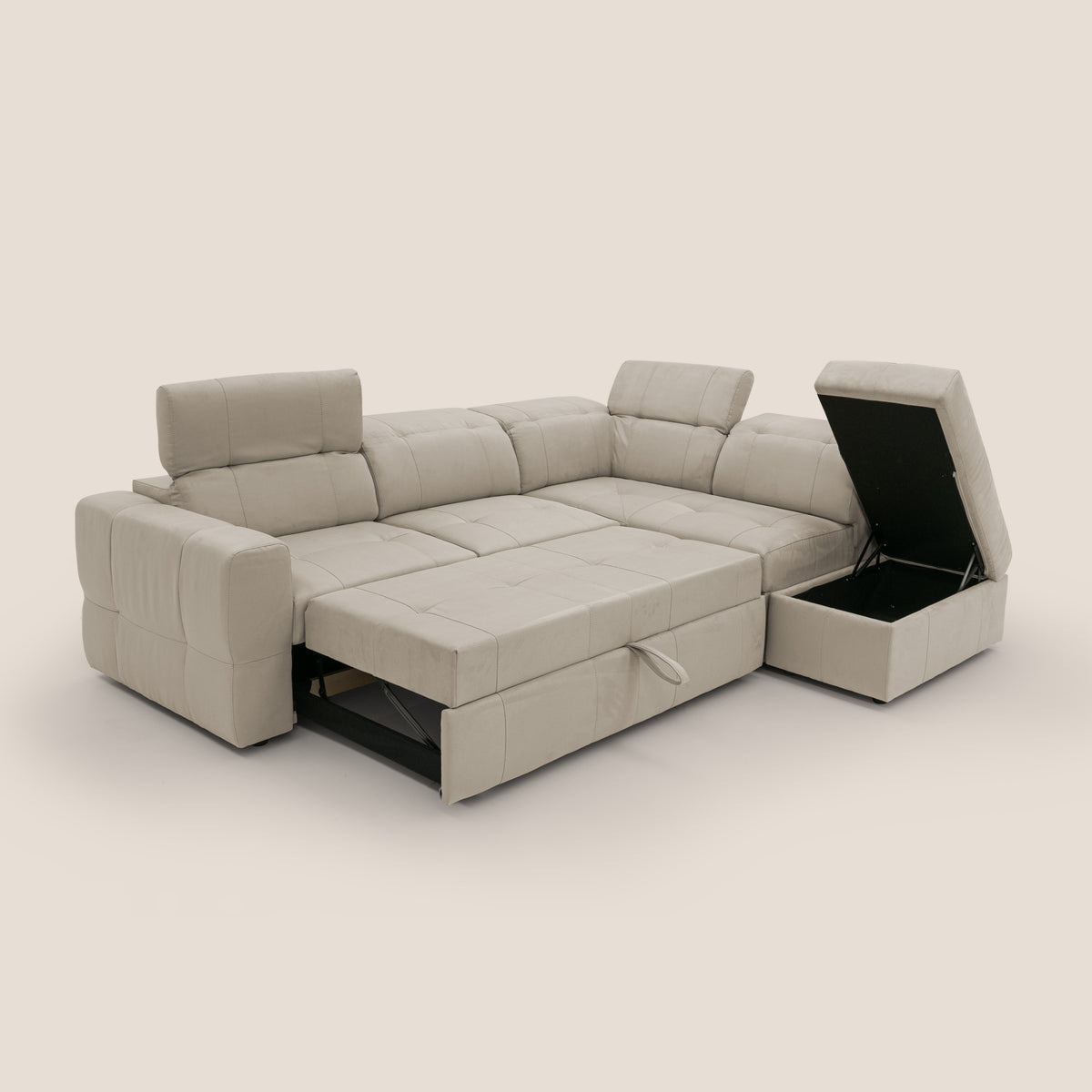 Kronos Divano angolare con poggiapiedi estraibile e pouf contenitore mobile in microfibra impermeabile T11 tortora - divitt.sbs