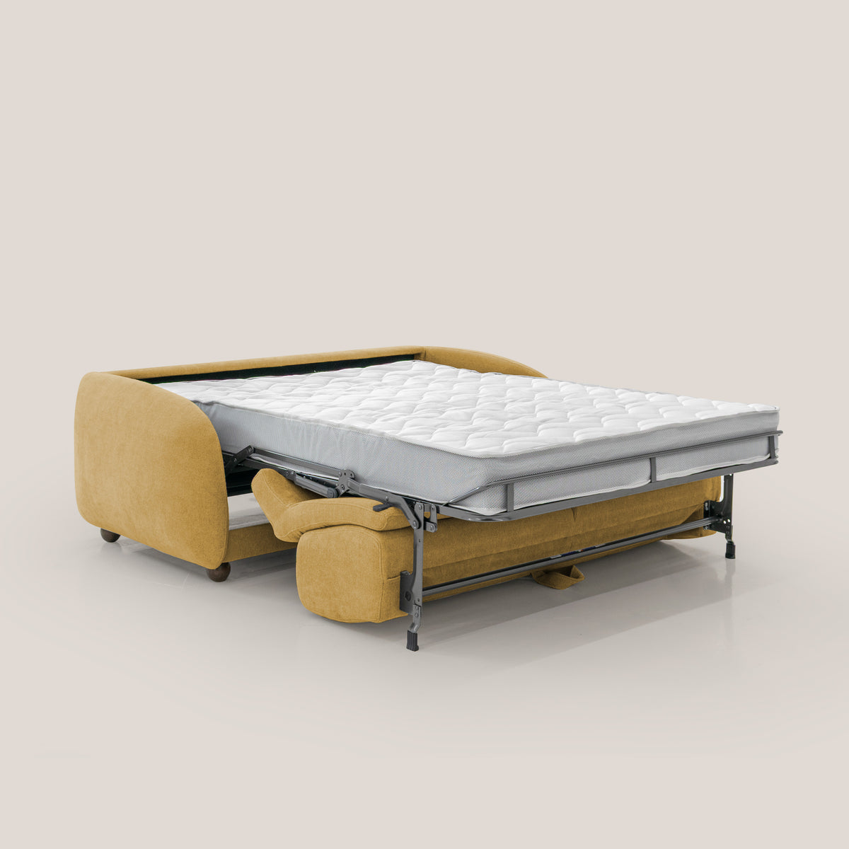 Giglio divano letto scandinavo japandi con materasso H18 cm in tessuto Bouclé impermeabile T07 giallo - divitt.sbs