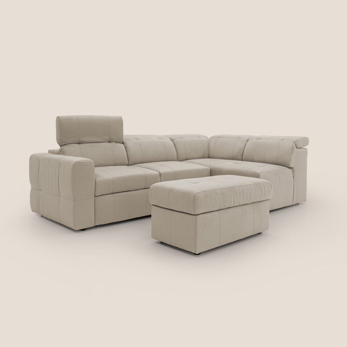 Kronos Divano angolare con poggiapiedi estraibile e pouf contenitore mobile in microfibra impermeabile T11 tortora - divitt.sbs
