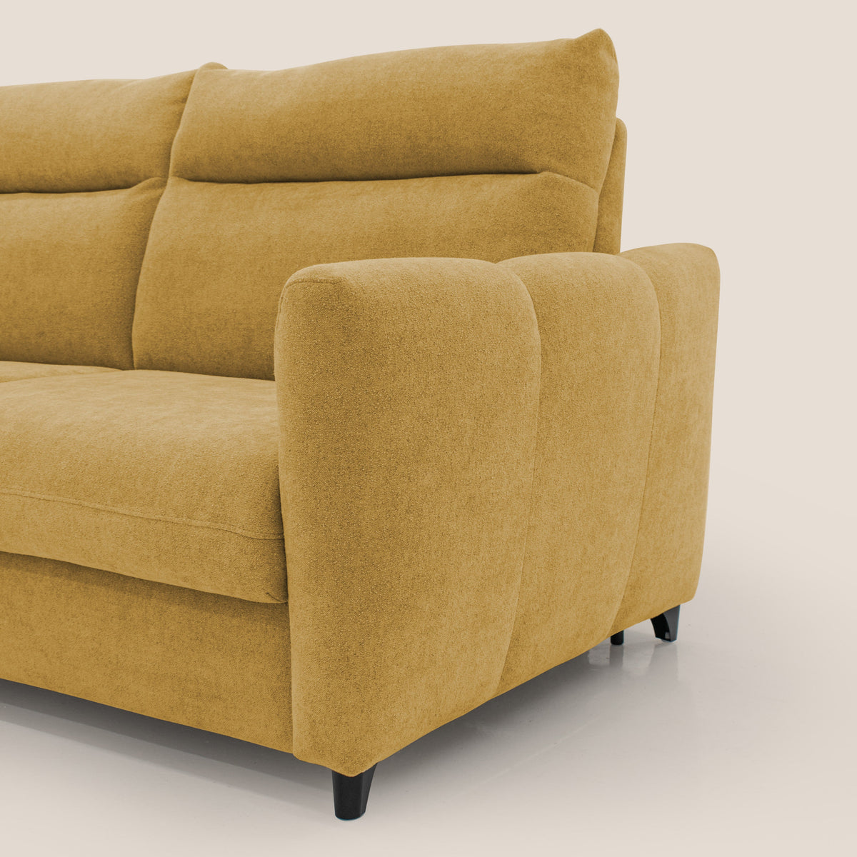 Peonia divano letto scandinavo con materasso H18 cm e morbido e alto schienale in tessuto Bouclé impermeabile T07 giallo - divitt.sbs