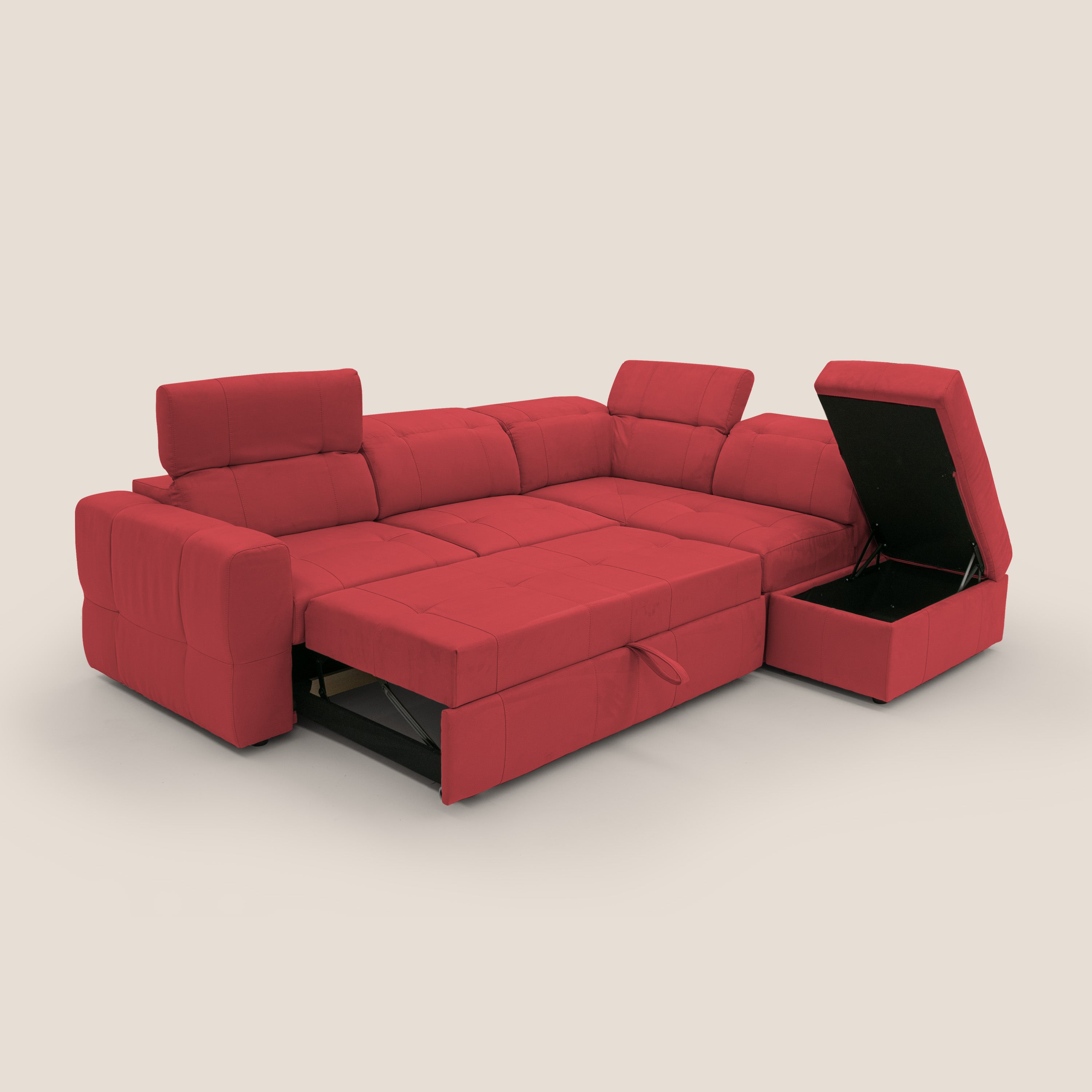 Kronos Divano angolare con poggiapiedi estraibile e pouf contenitore mobile in microfibra impermeabile T11 rosso - divitt.sbs