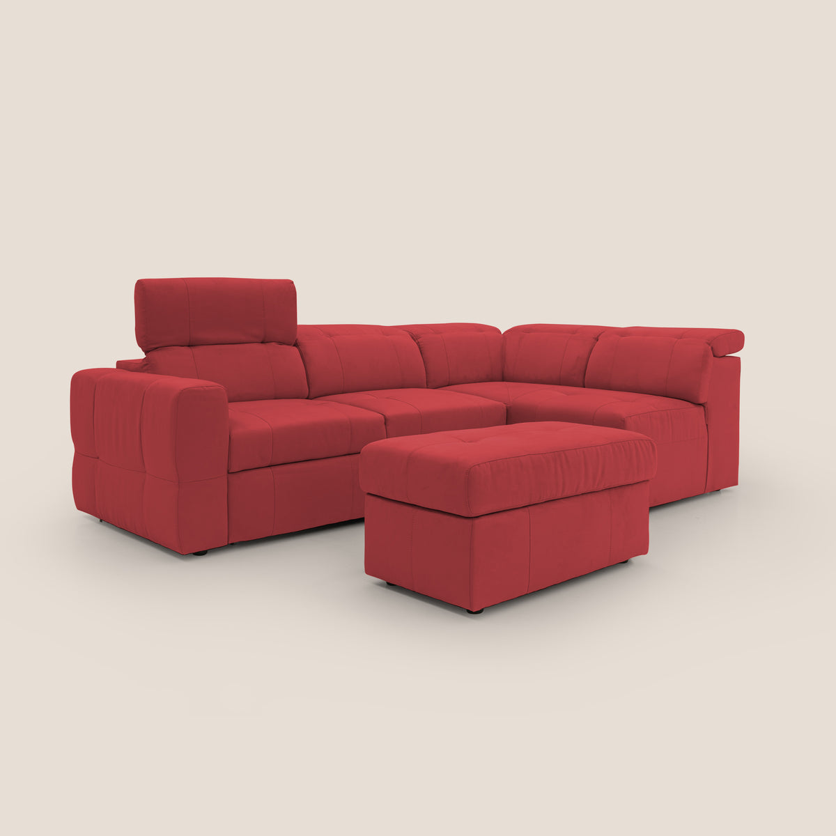 Kronos Divano angolare con poggiapiedi estraibile e pouf contenitore mobile in microfibra impermeabile T11 rosso - divitt.sbs