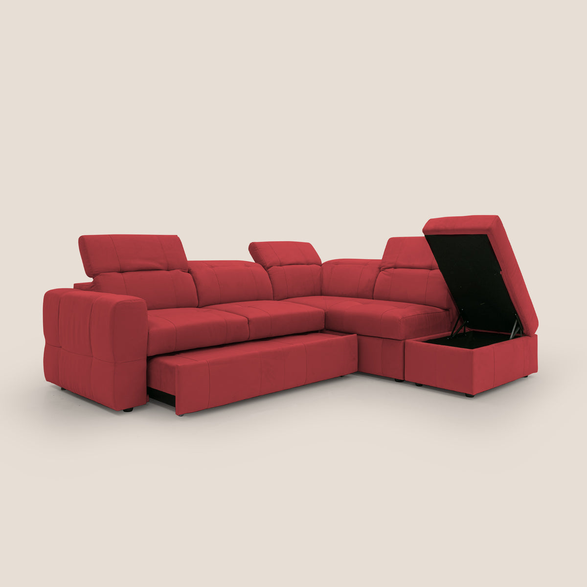 Kronos Divano angolare con poggiapiedi estraibile e pouf contenitore mobile in microfibra impermeabile T11 rosso - divitt.sbs