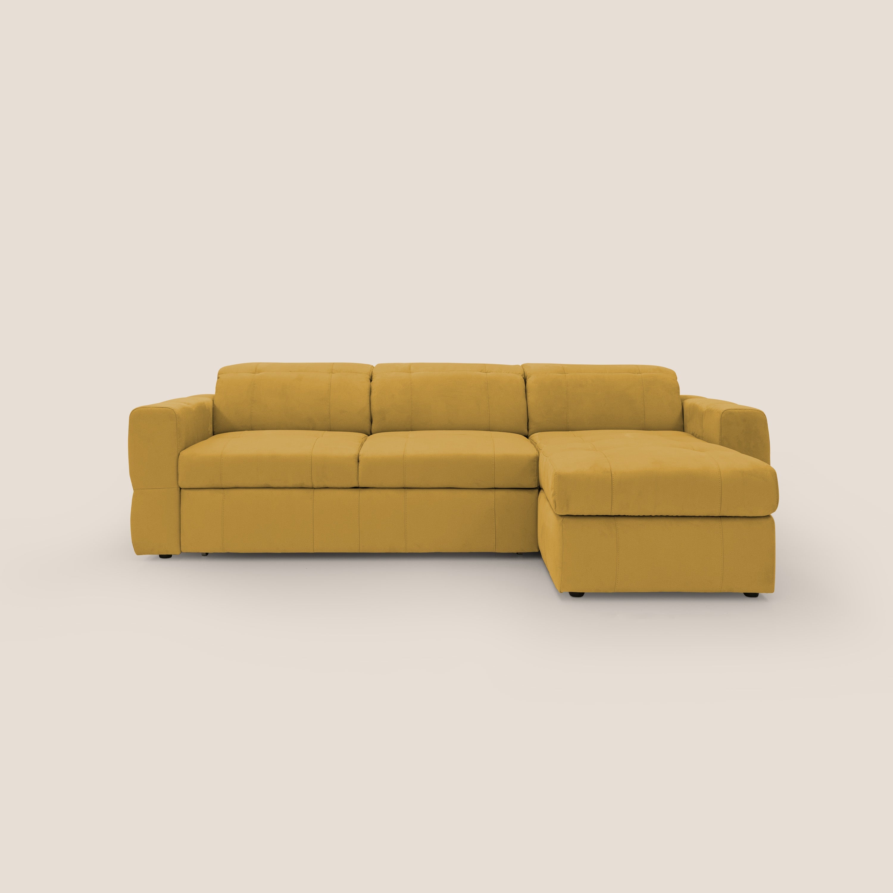 Kronos Divano angolare con pouf estraibile e penisola contenitore in microfibra impermeabile T11 giallo - divitt.sbs