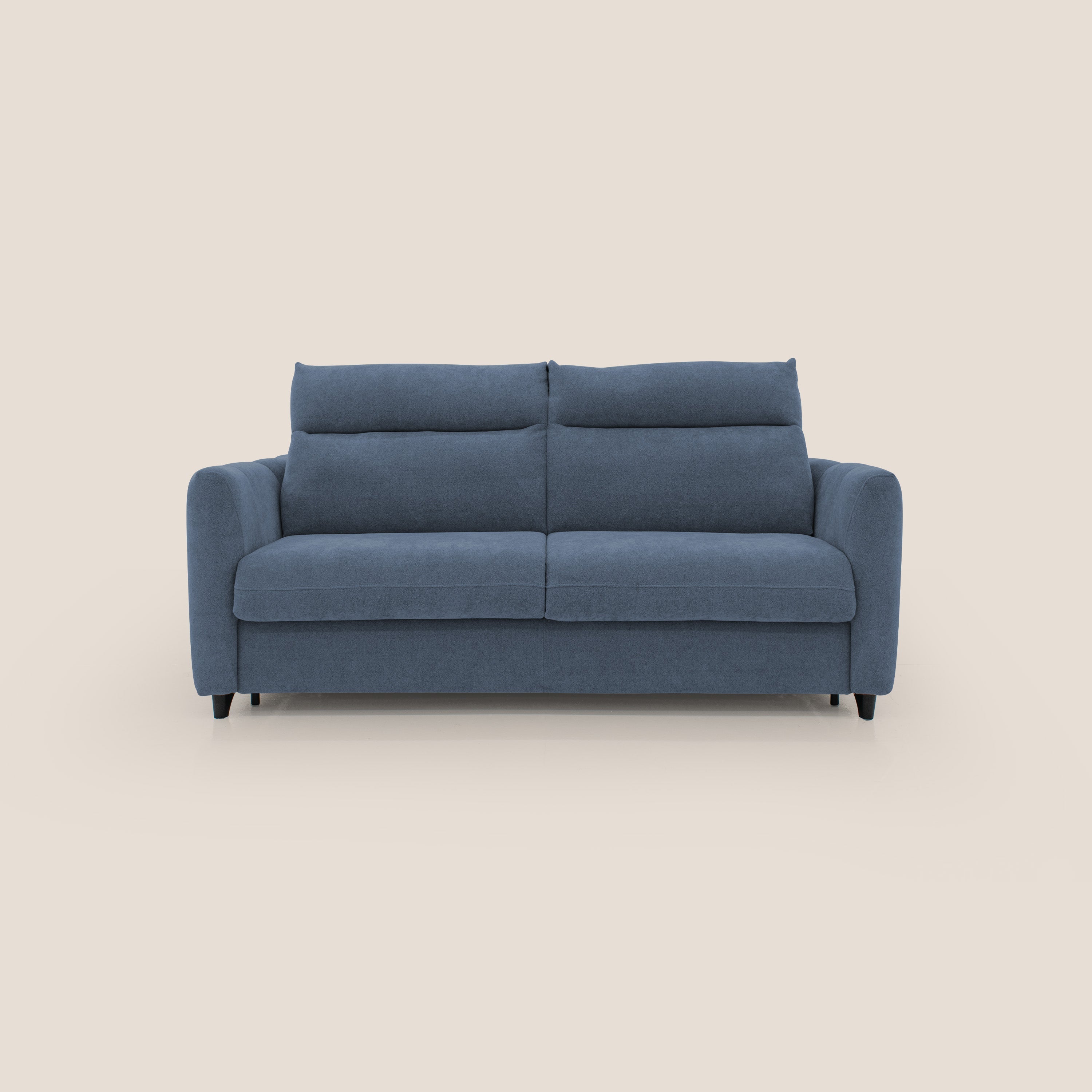 Peonia divano letto scandinavo con materasso H18 cm e morbido e alto schienale in tessuto Bouclé impermeabile T07 blu - divitt.sbs