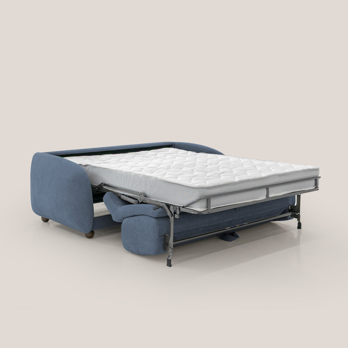 Giglio divano letto scandinavo japandi con materasso H18 cm in tessuto Bouclé impermeabile T07 blu - divitt.sbs