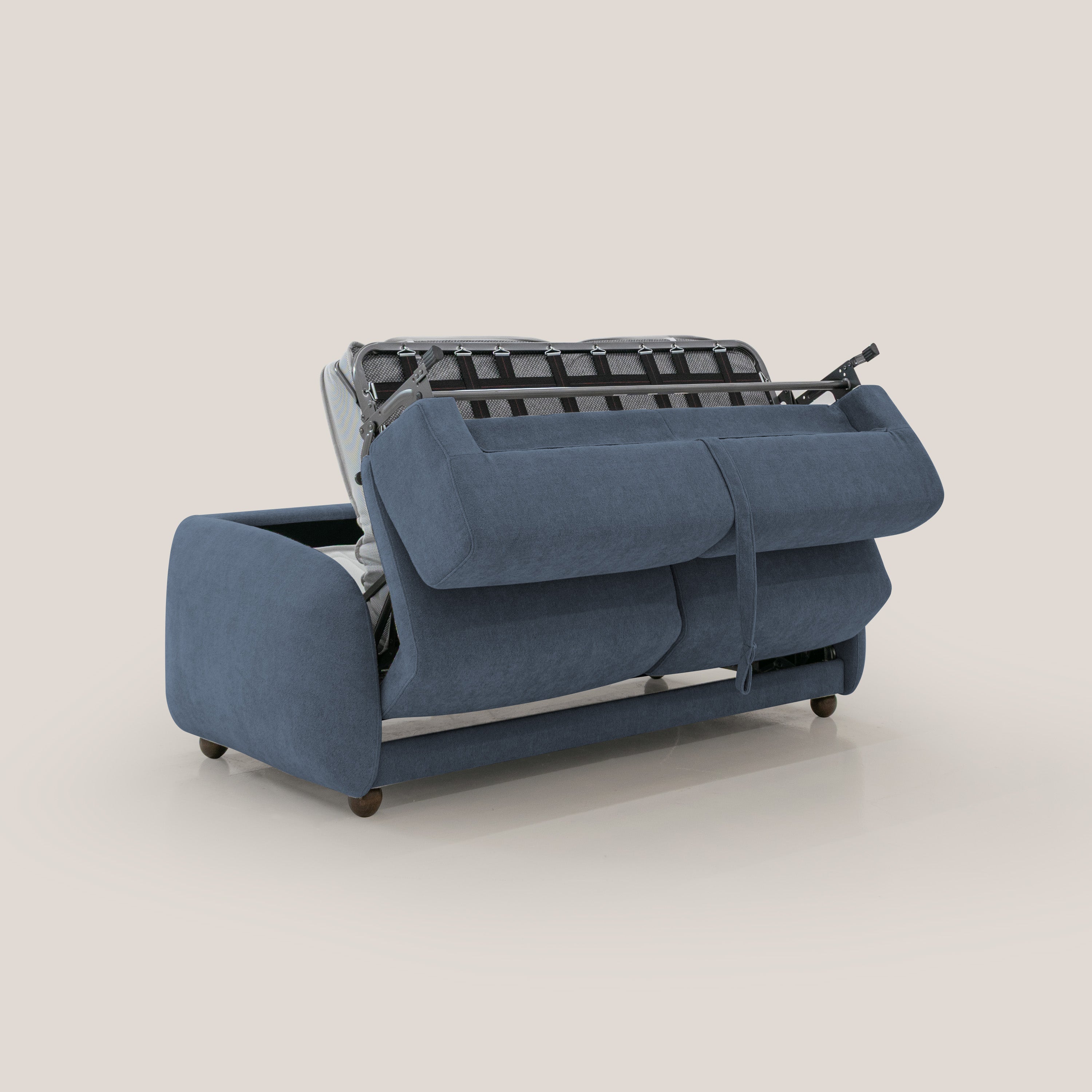 Giglio divano letto scandinavo japandi con materasso H18 cm in tessuto Bouclé impermeabile T07 blu - divitt.sbs