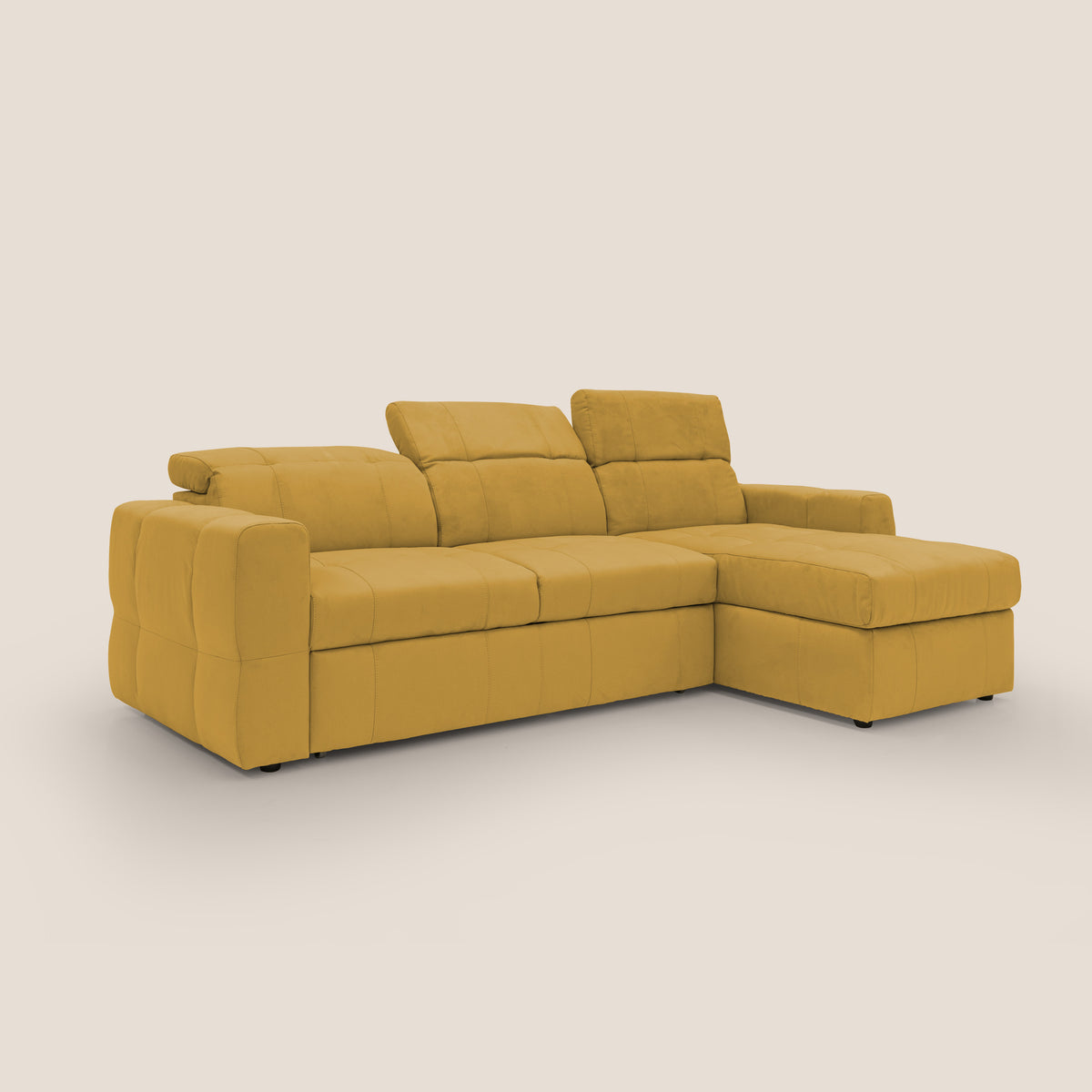 Kronos Divano angolare con pouf estraibile e penisola contenitore in microfibra impermeabile T11 giallo - divitt.sbs