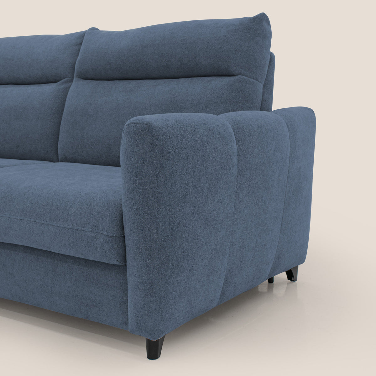 Peonia divano letto scandinavo con materasso H18 cm e morbido e alto schienale in tessuto Bouclé impermeabile T07 blu - divitt.sbs