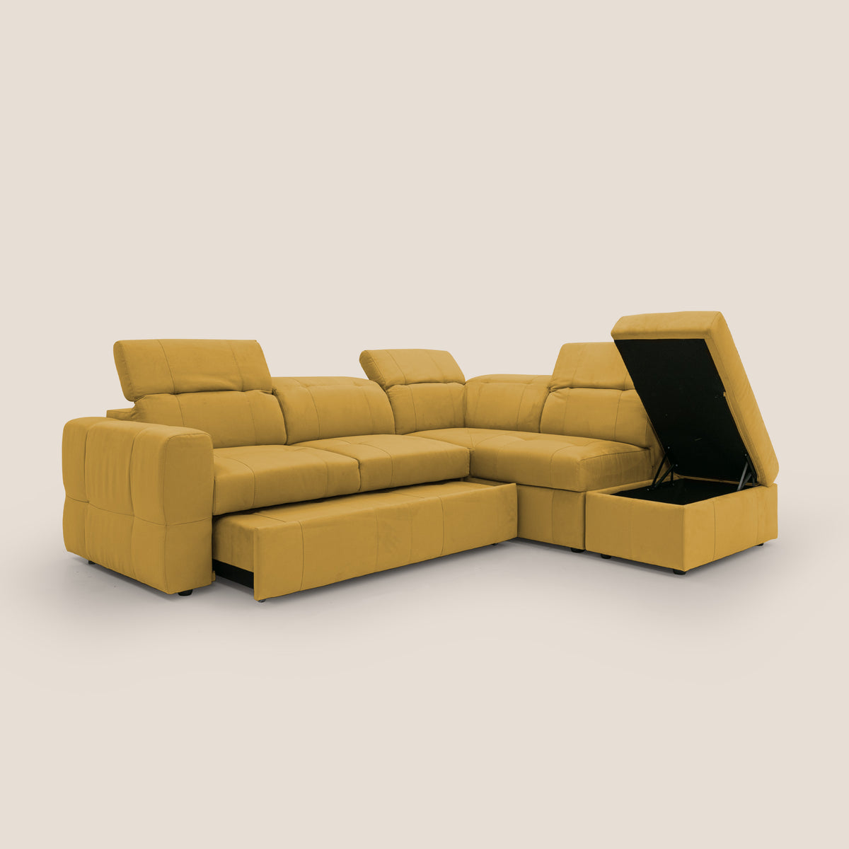 Kronos Divano angolare con poggiapiedi estraibile e pouf contenitore mobile in microfibra impermeabile T11 giallo - divitt.sbs