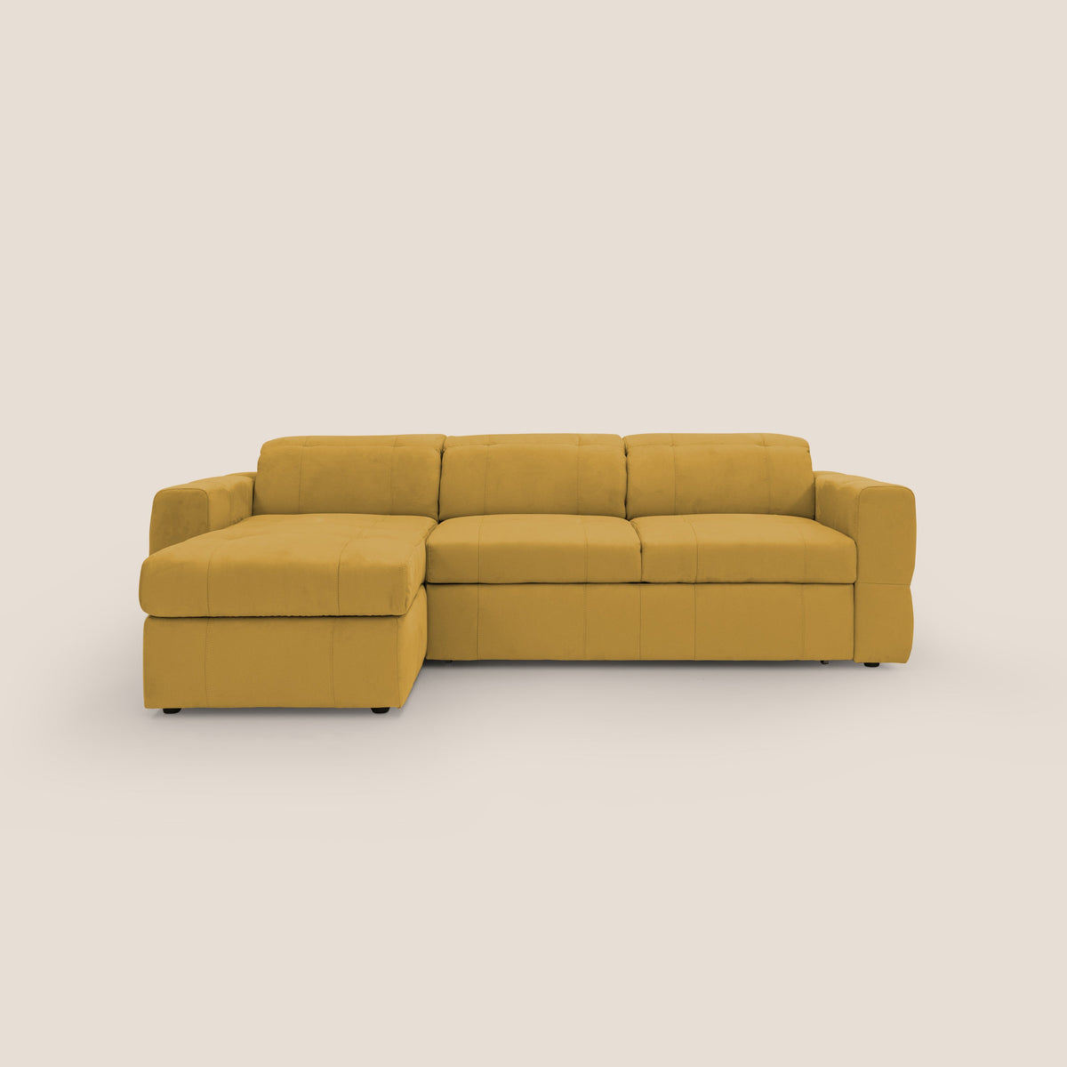 Kronos Divano angolare con pouf estraibile e penisola contenitore in microfibra impermeabile T11 giallo - divitt.sbs