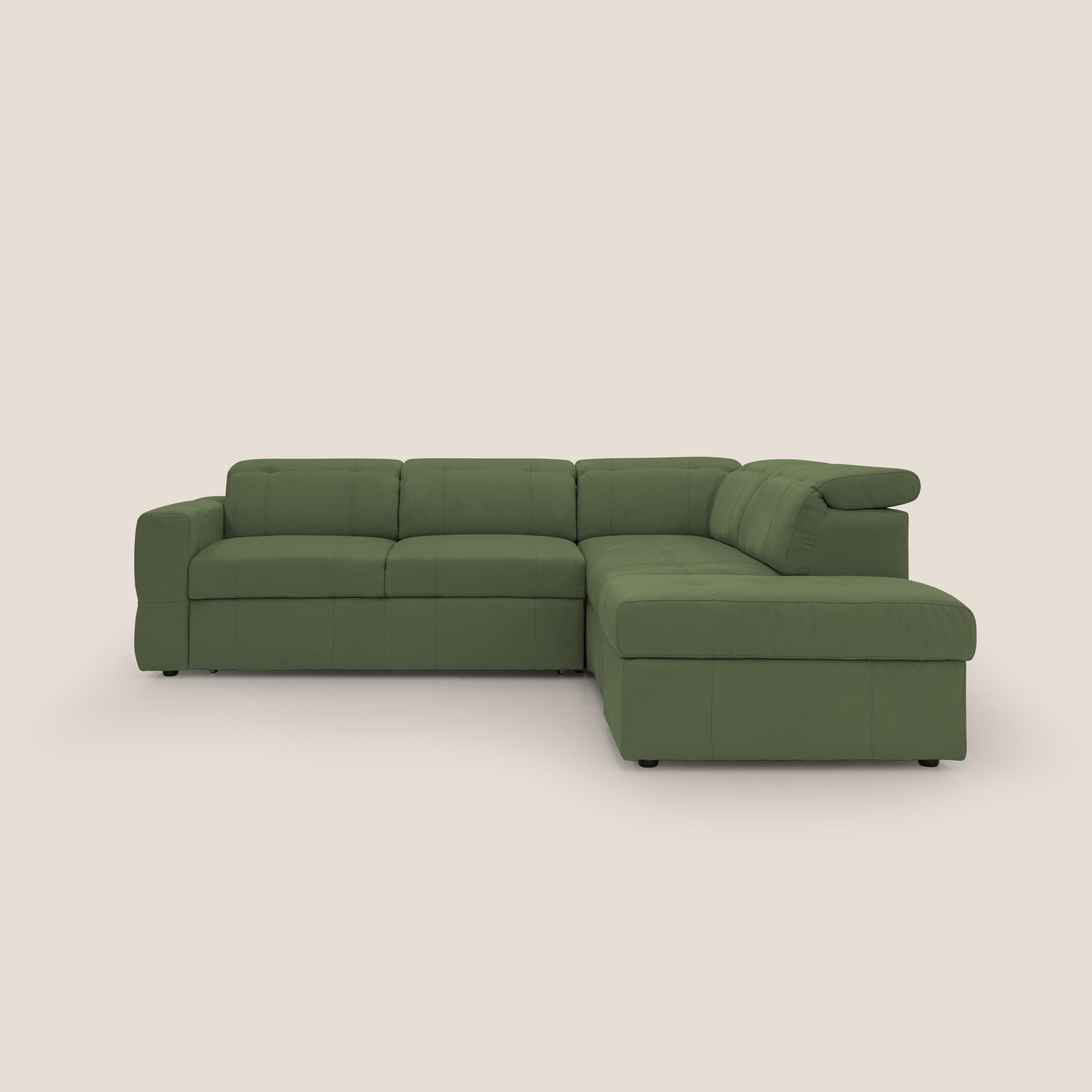 Kronos Divano angolare con poggiapiedi estraibile e pouf contenitore mobile in microfibra impermeabile T11 verde - divitt.sbs