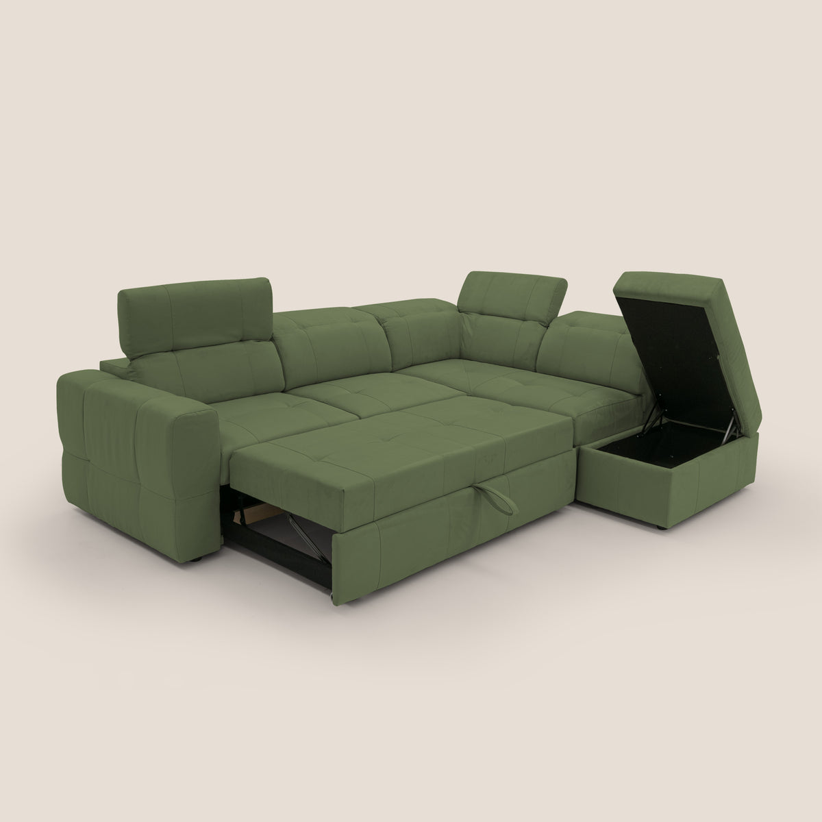Kronos Divano angolare con poggiapiedi estraibile e pouf contenitore mobile in microfibra impermeabile T11 verde - divitt.sbs