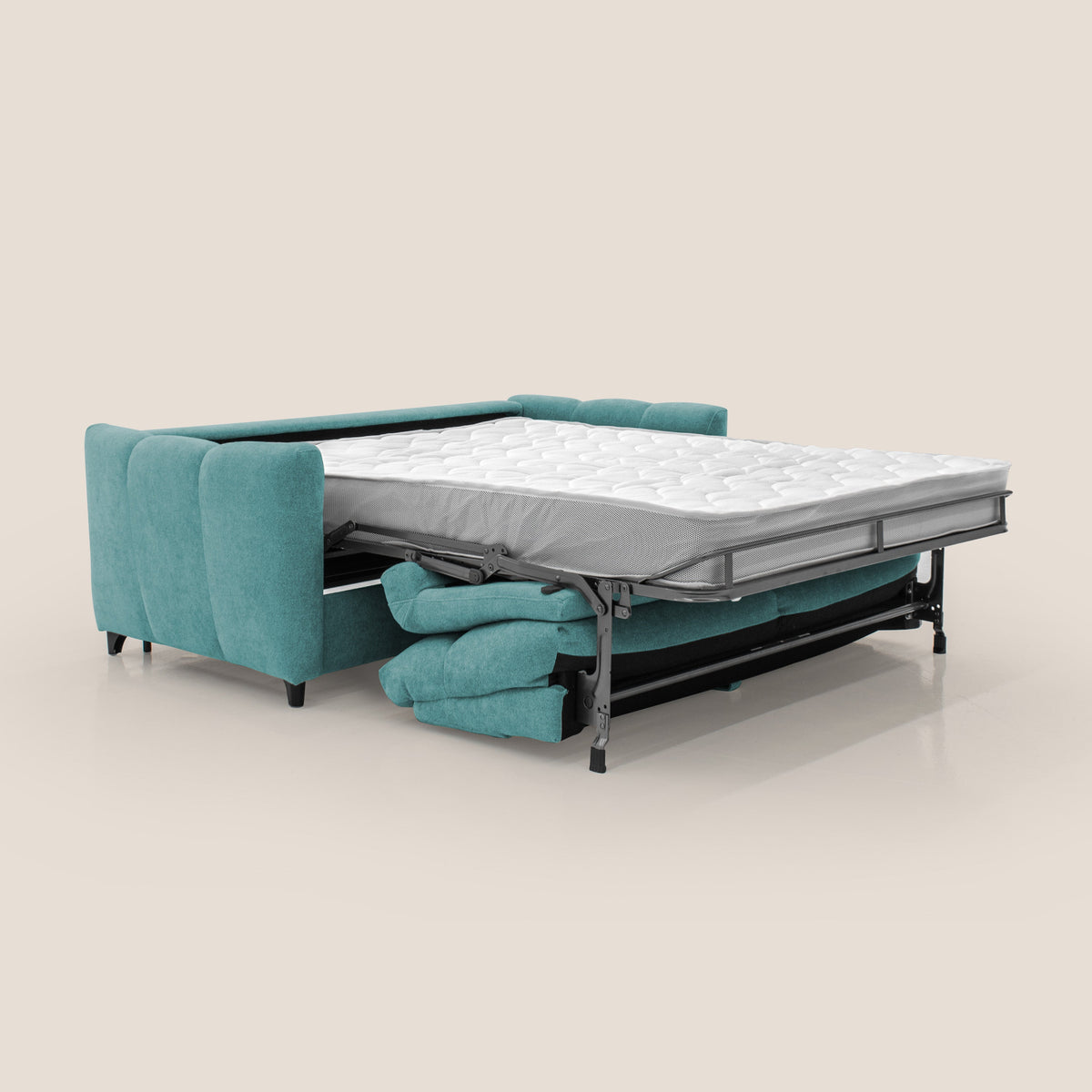 Peonia divano letto scandinavo con materasso H18 cm e morbido e alto schienale in tessuto Bouclé impermeabile T07 azzurro - divitt.sbs