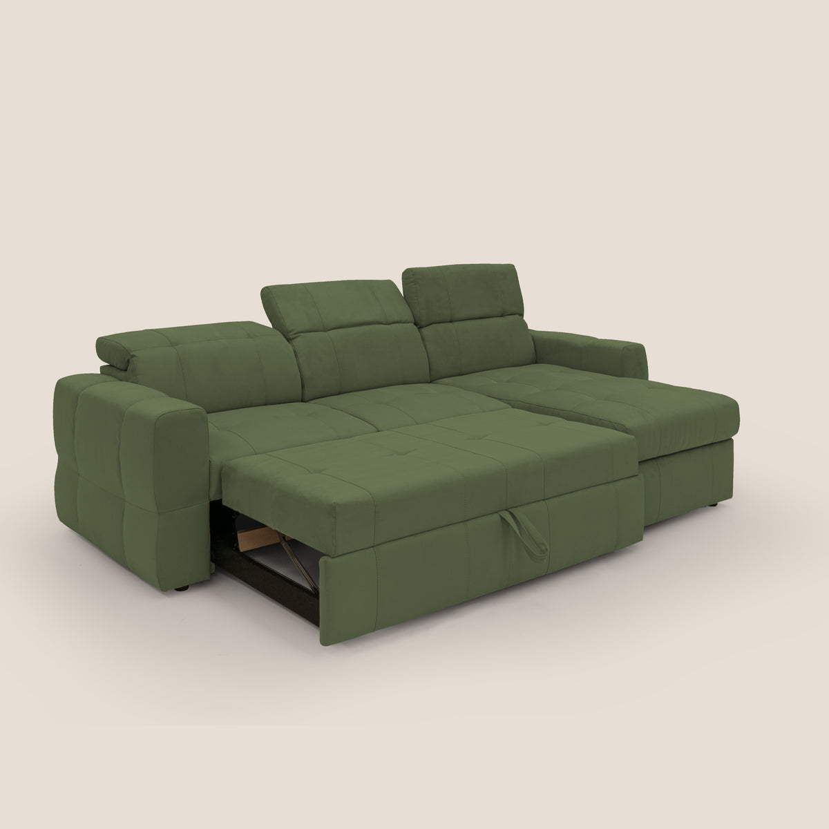 Kronos Divano angolare con pouf estraibile e penisola contenitore in microfibra impermeabile T11 verde - divitt.sbs