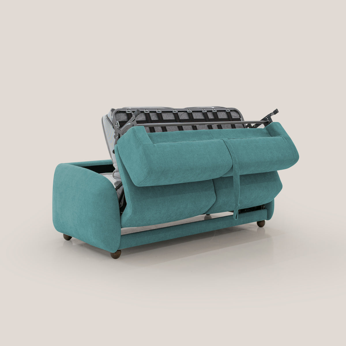 Giglio divano letto scandinavo japandi con materasso H18 cm in tessuto Bouclé impermeabile T07 azzurro - divitt.sbs