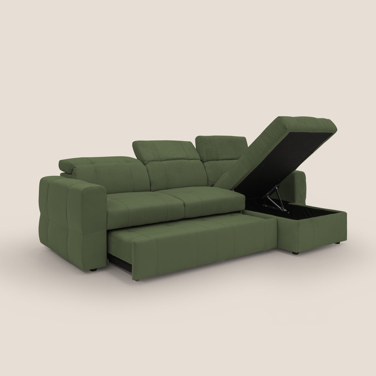 Kronos Divano angolare con pouf estraibile e penisola contenitore in microfibra impermeabile T11 verde - divitt.sbs