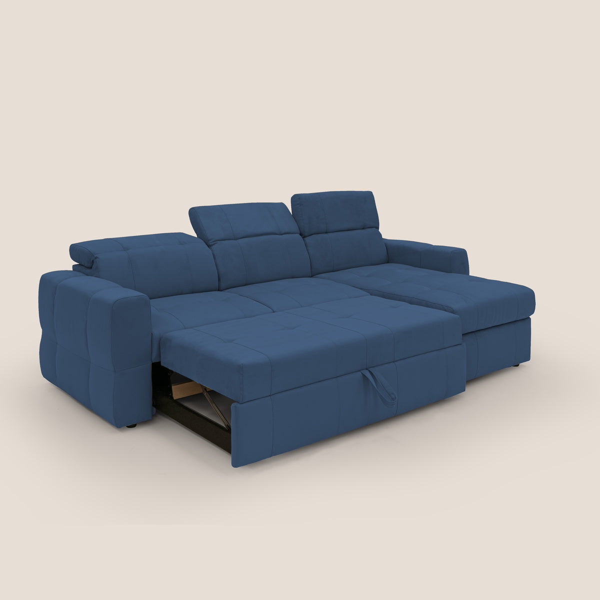 Kronos Divano angolare con pouf estraibile e penisola contenitore in microfibra impermeabile T11 blu - divitt.sbs