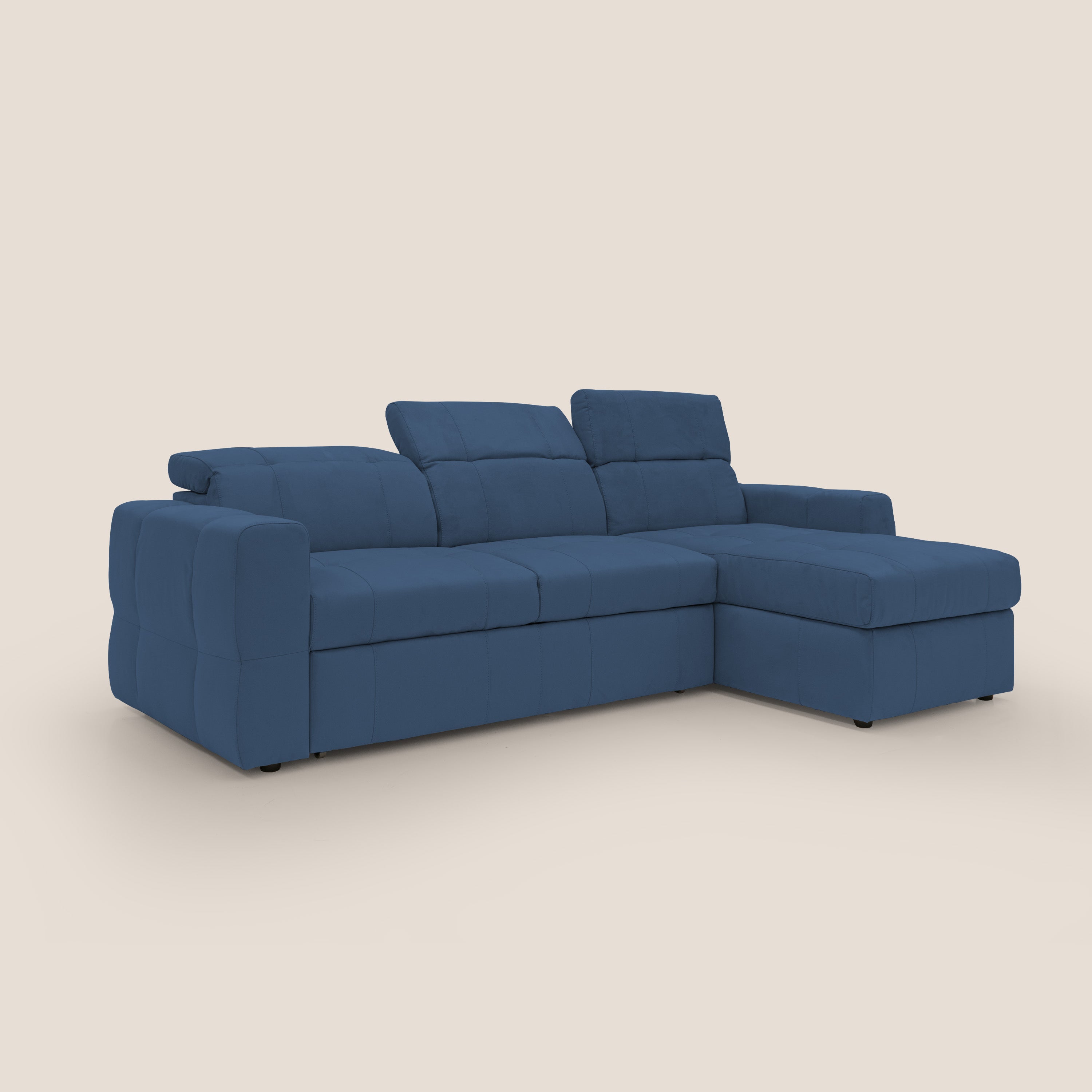Kronos Divano angolare con pouf estraibile e penisola contenitore in microfibra impermeabile T11 blu - divitt.sbs
