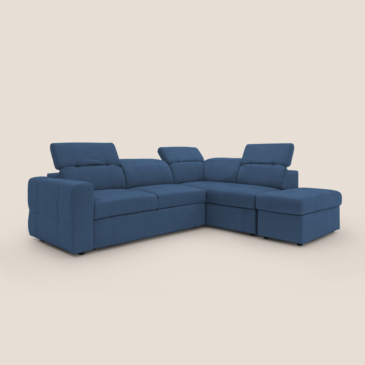 Kronos Divano angolare con poggiapiedi estraibile e pouf contenitore mobile in microfibra impermeabile T11 blu - divitt.sbs