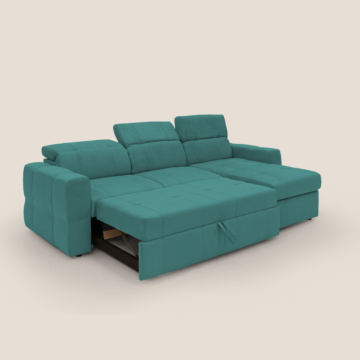 Kronos Divano angolare con pouf estraibile e penisola contenitore in microfibra impermeabile T11 petrolio - divitt.sbs