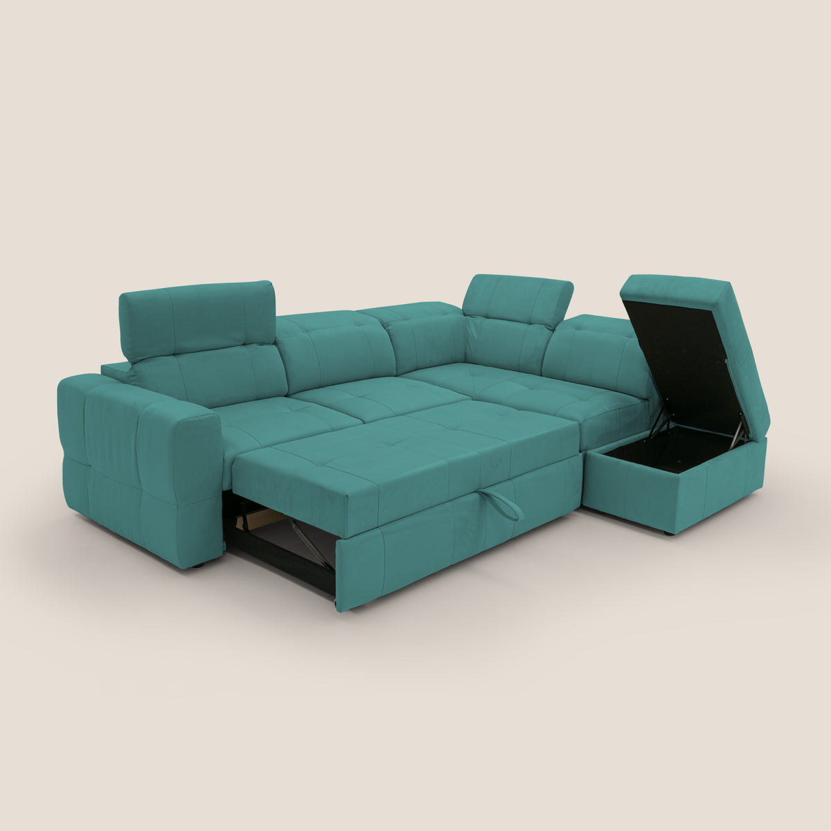 Kronos Divano angolare con poggiapiedi estraibile e pouf contenitore mobile in microfibra impermeabile T11 petrolio - divitt.sbs