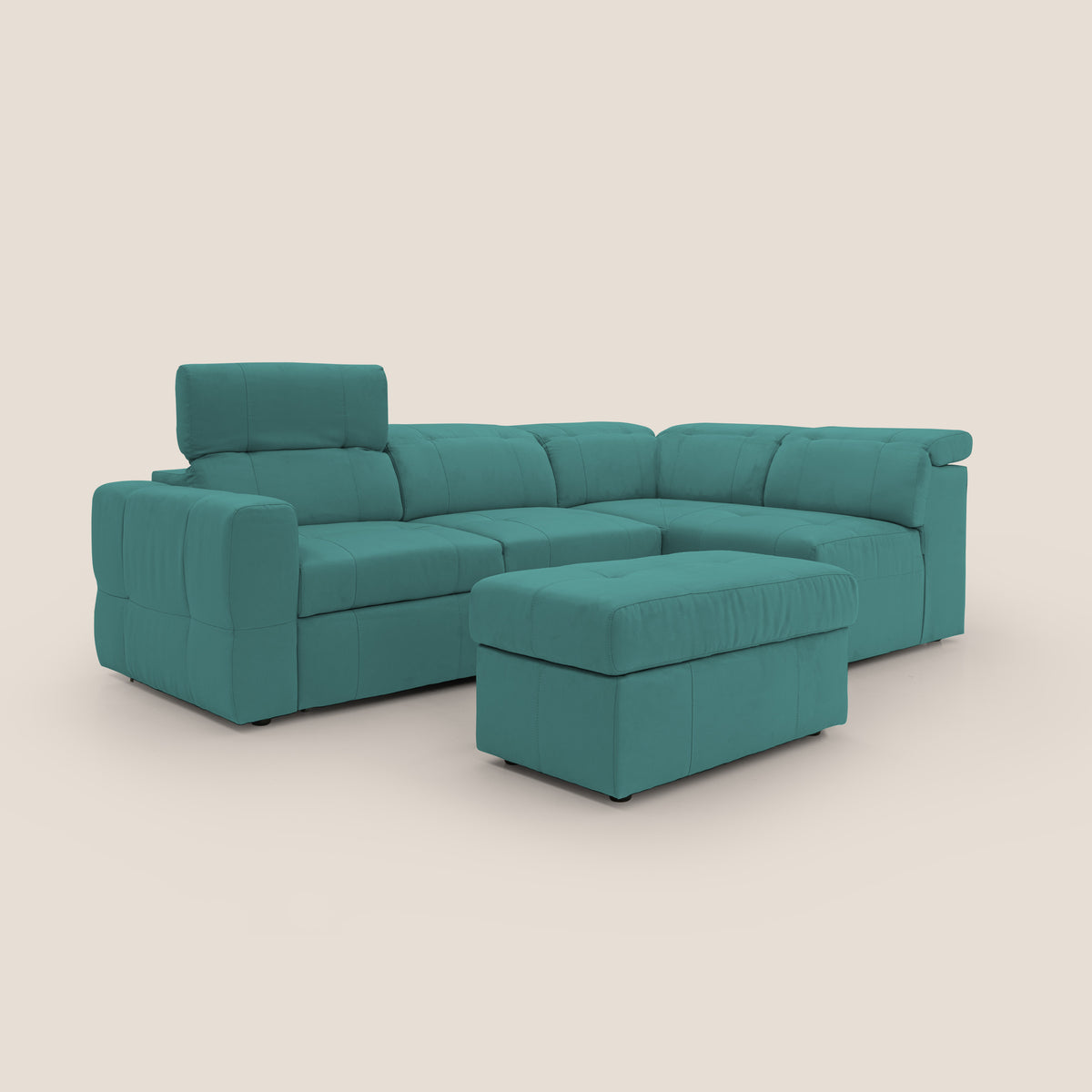 Kronos Divano angolare con poggiapiedi estraibile e pouf contenitore mobile in microfibra impermeabile T11 petrolio - divitt.sbs