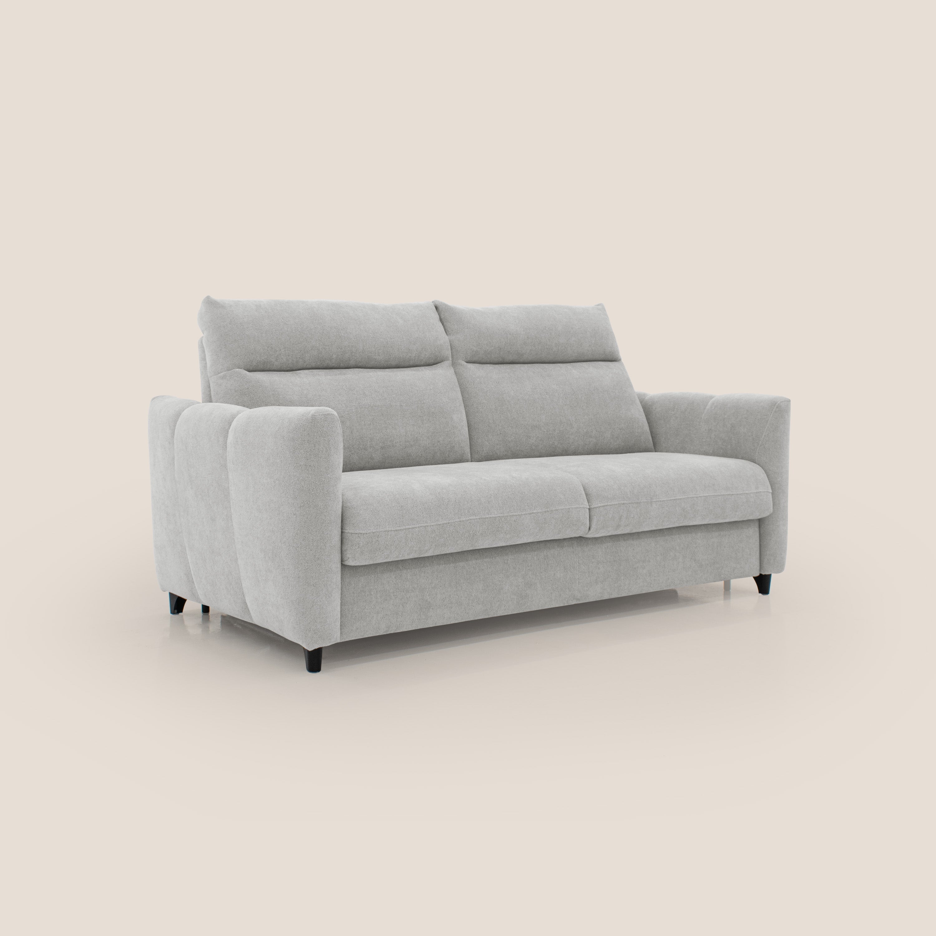 Peonia divano letto scandinavo con materasso H18 cm e morbido e alto schienale in tessuto Bouclé impermeabile T07 grigio - divitt.sbs