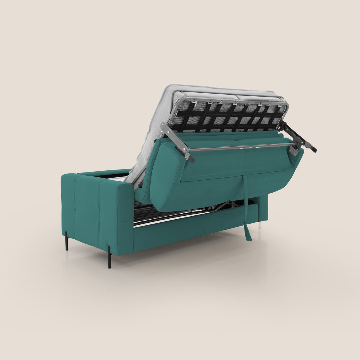 Ortensia divano letto materasso H18 cm con piedi alti in elegante microfibra smacchiabile T11 petrolio - divitt.sbs
