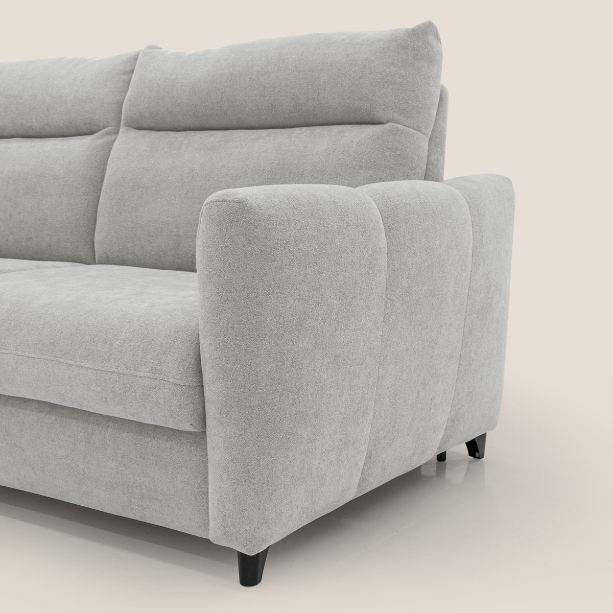 Peonia divano letto scandinavo con materasso H18 cm e morbido e alto schienale in tessuto Bouclé impermeabile T07 grigio - divitt.sbs