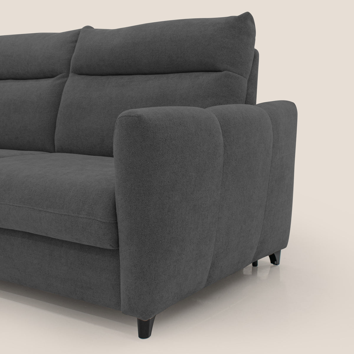 Peonia divano letto scandinavo con materasso H18 cm e morbido e alto schienale in tessuto Bouclé impermeabile T07 antracite - divitt.sbs