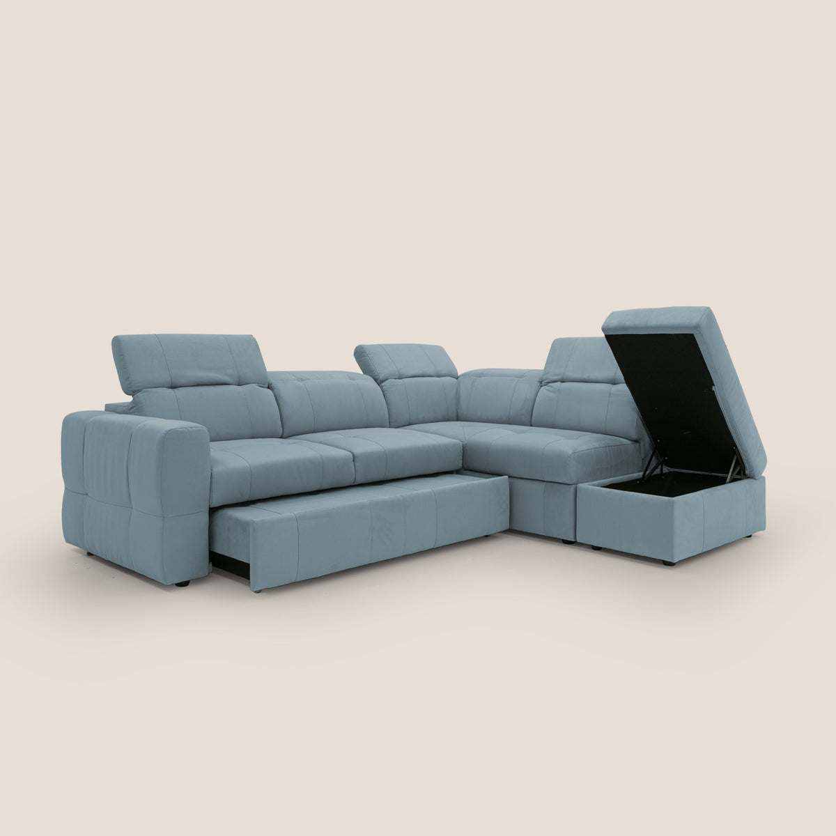 Kronos Divano angolare con poggiapiedi estraibile e pouf contenitore mobile in microfibra impermeabile T11 carta da zucchero - divitt.sbs
