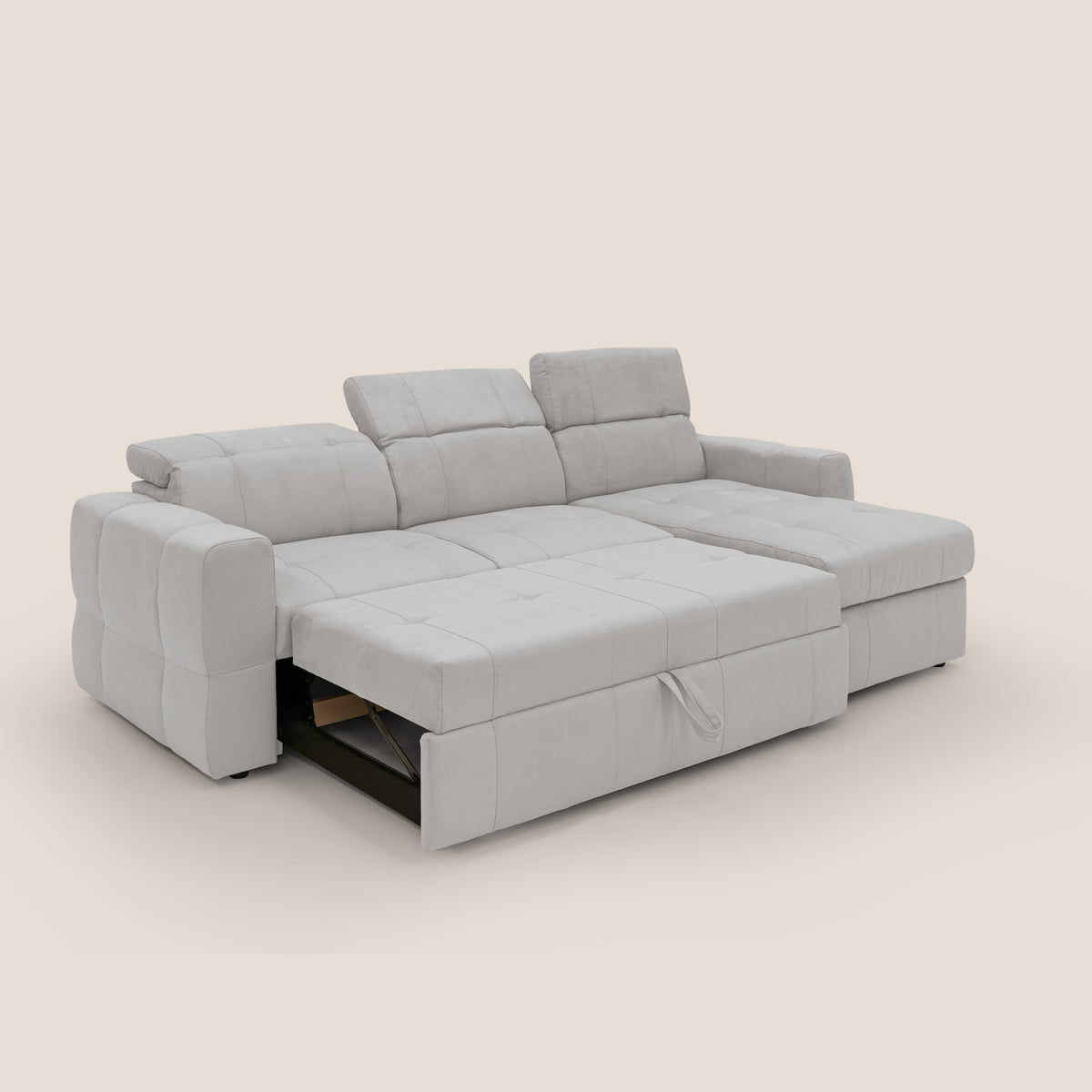 Kronos Divano angolare con pouf estraibile e penisola contenitore in microfibra impermeabile T11 grigio chiaro - divitt.sbs