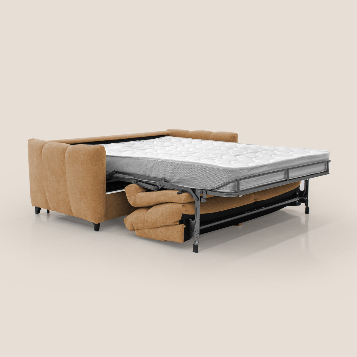 Peonia divano letto scandinavo con materasso H18 cm e morbido e alto schienale in tessuto Bouclé impermeabile T07 arancio - divitt.sbs