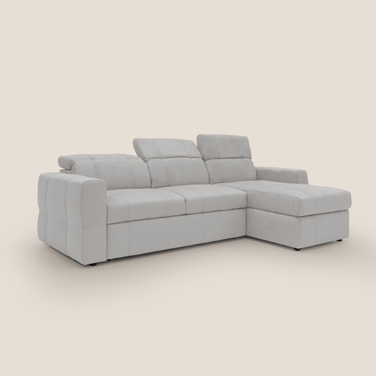 Kronos Divano angolare con pouf estraibile e penisola contenitore in microfibra impermeabile T11 grigio chiaro - divitt.sbs
