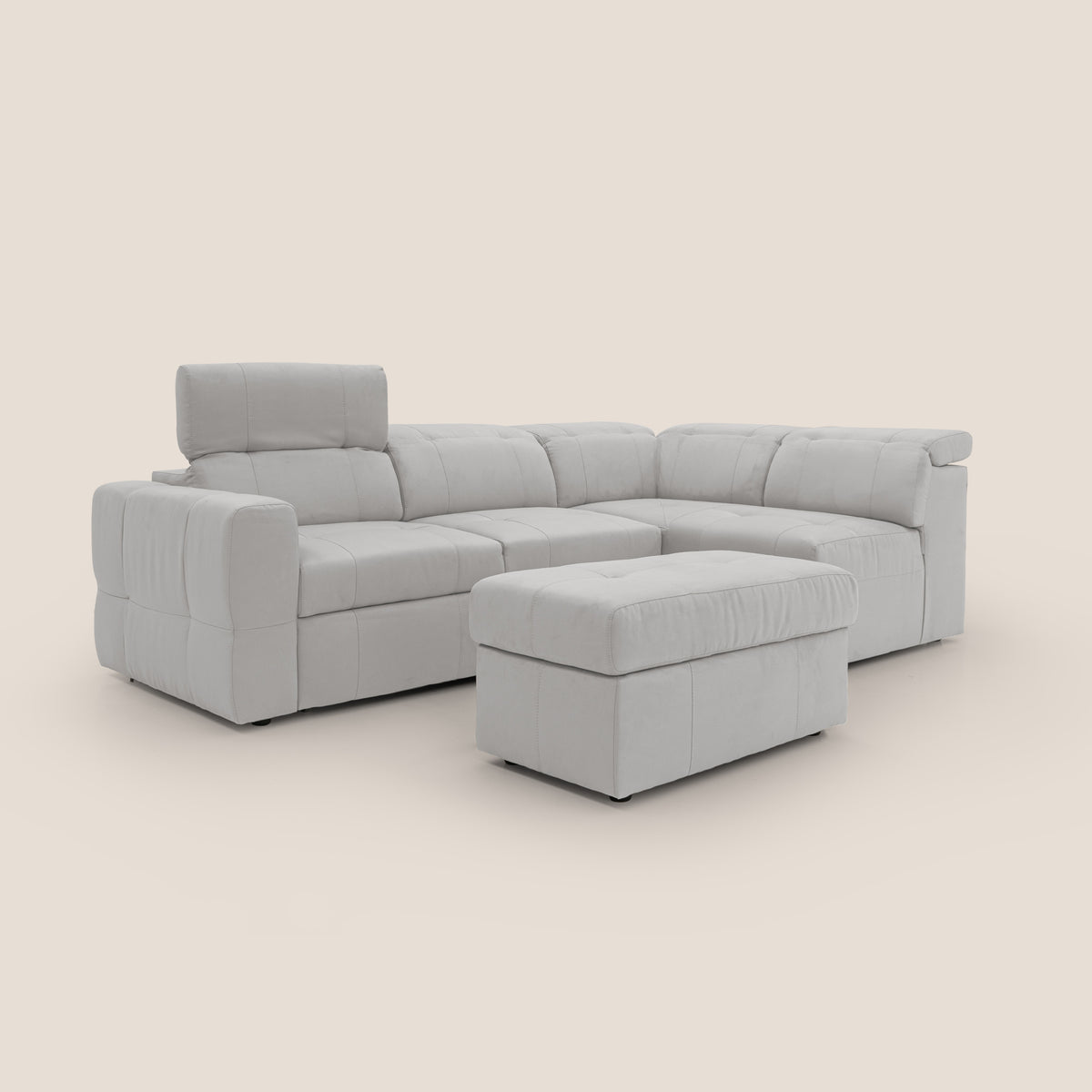 Kronos Divano angolare con poggiapiedi estraibile e pouf contenitore mobile in microfibra impermeabile T11 grigio chiaro - divitt.sbs